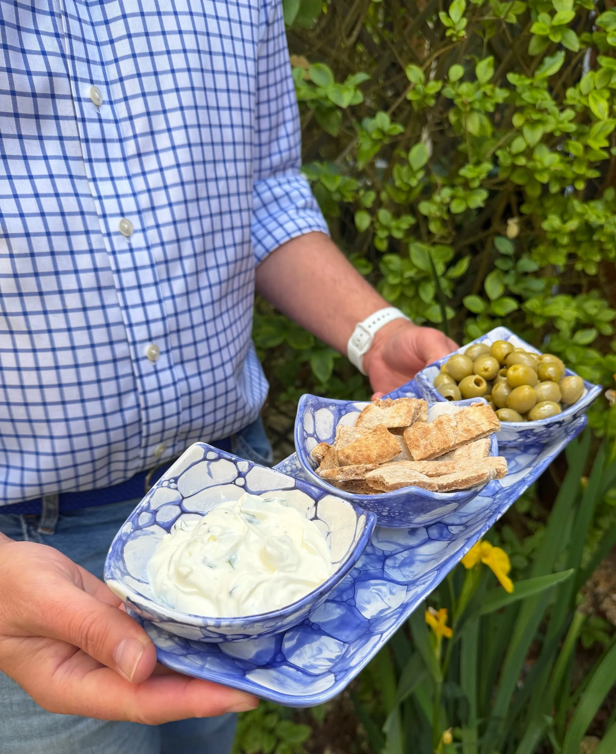 Spanish Tapas Serving Set, Blue Ceramic Platter with 3 Bowls, Handmade Pottery Gift