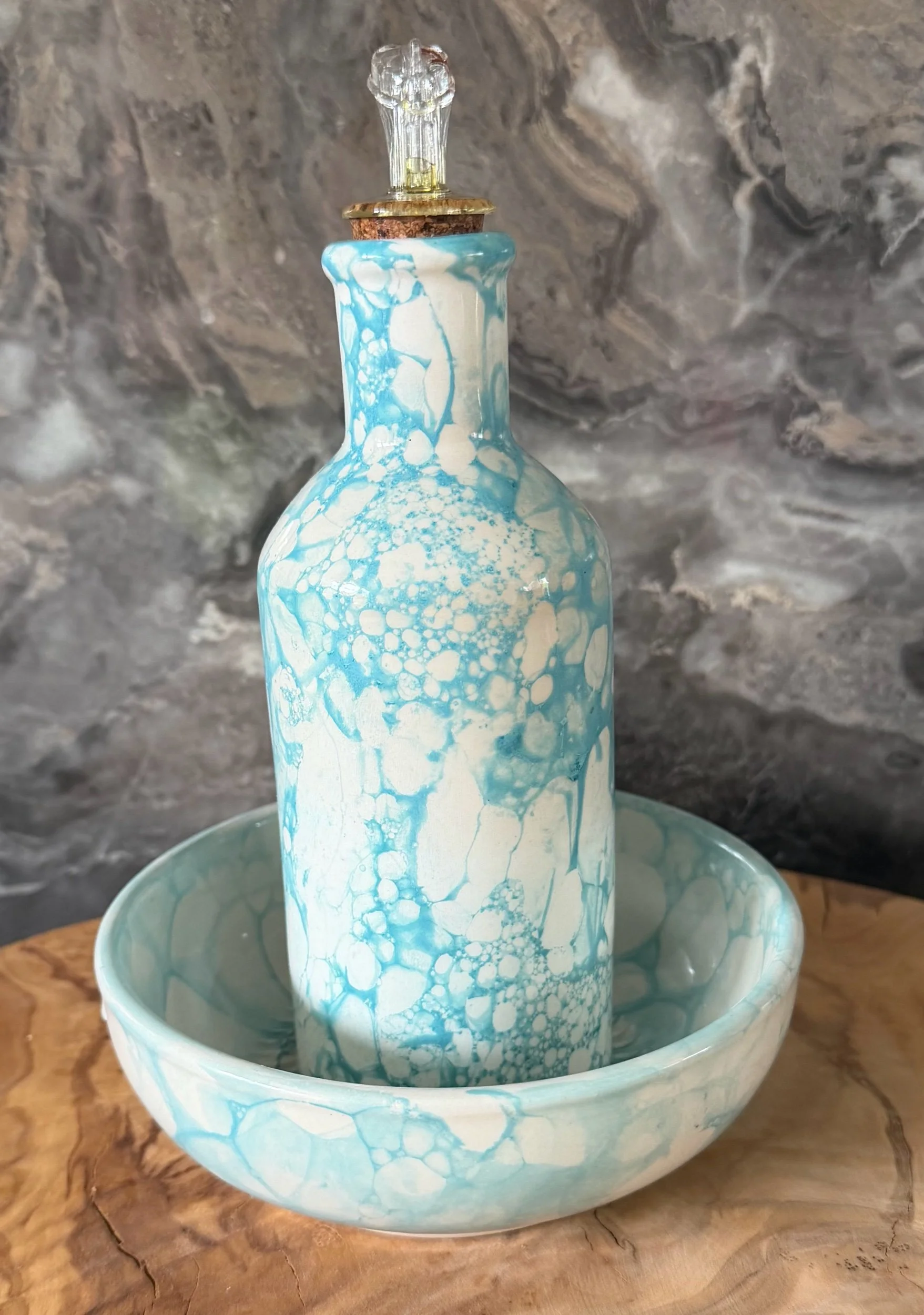 Garlic Grater Bowl with Olive Oil Drizzler, Turquoise Ceramic Set, Handmade Spanish Pottery Gift