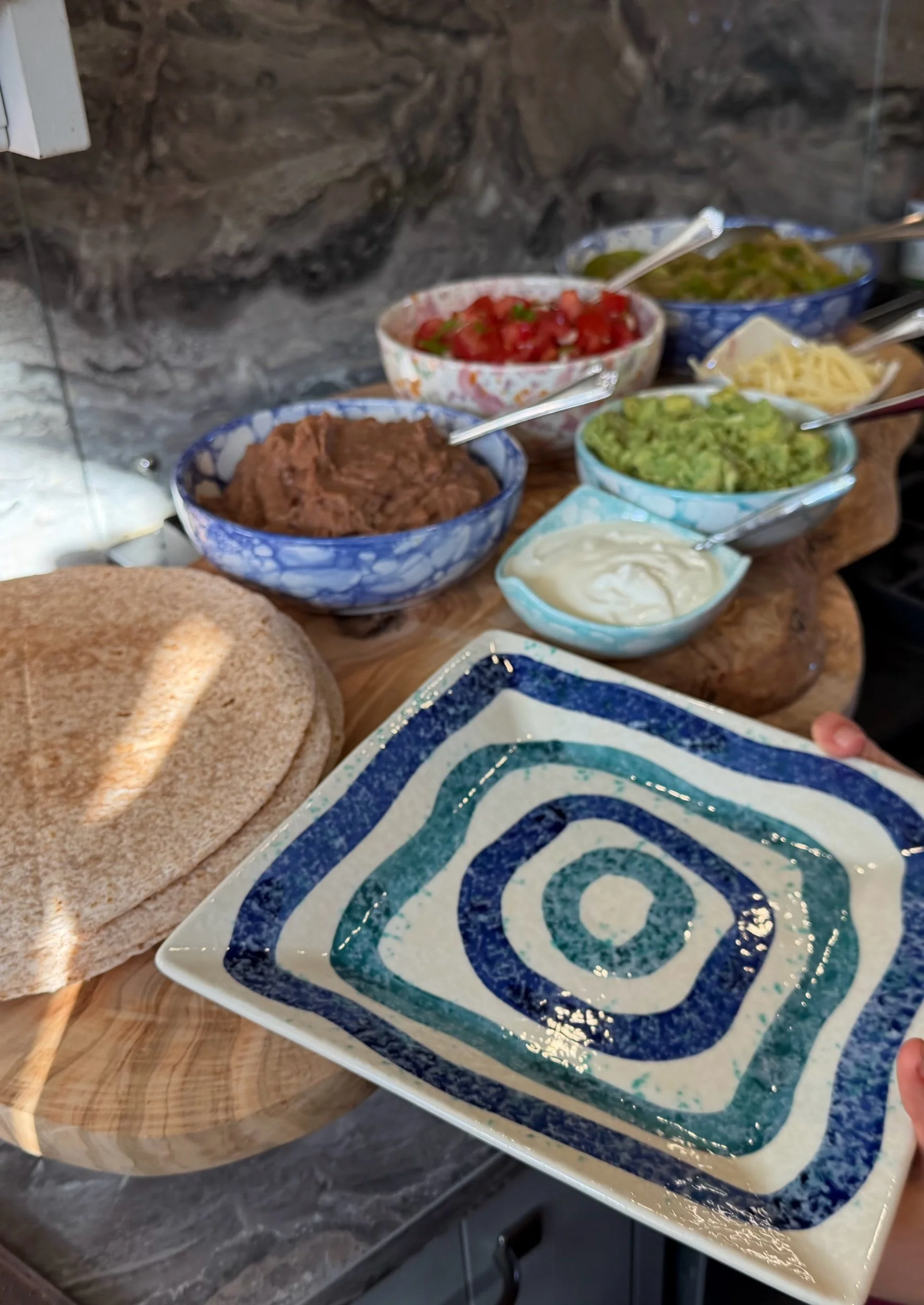 Spanish pottery square handpainted blue, green and white plate. Canapé platter.