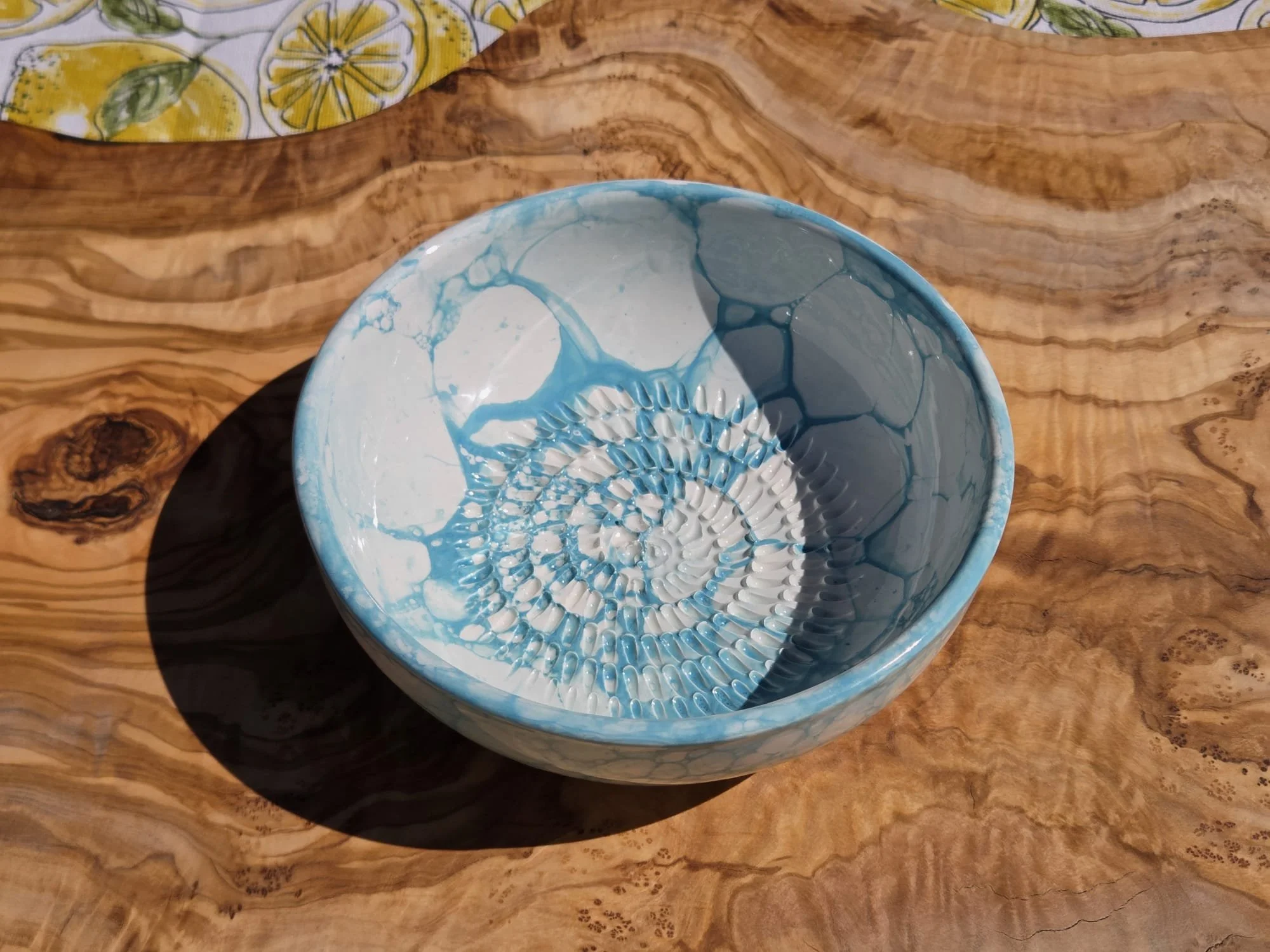 Spanish pottery turquoise ceramic garlic grater bowl.