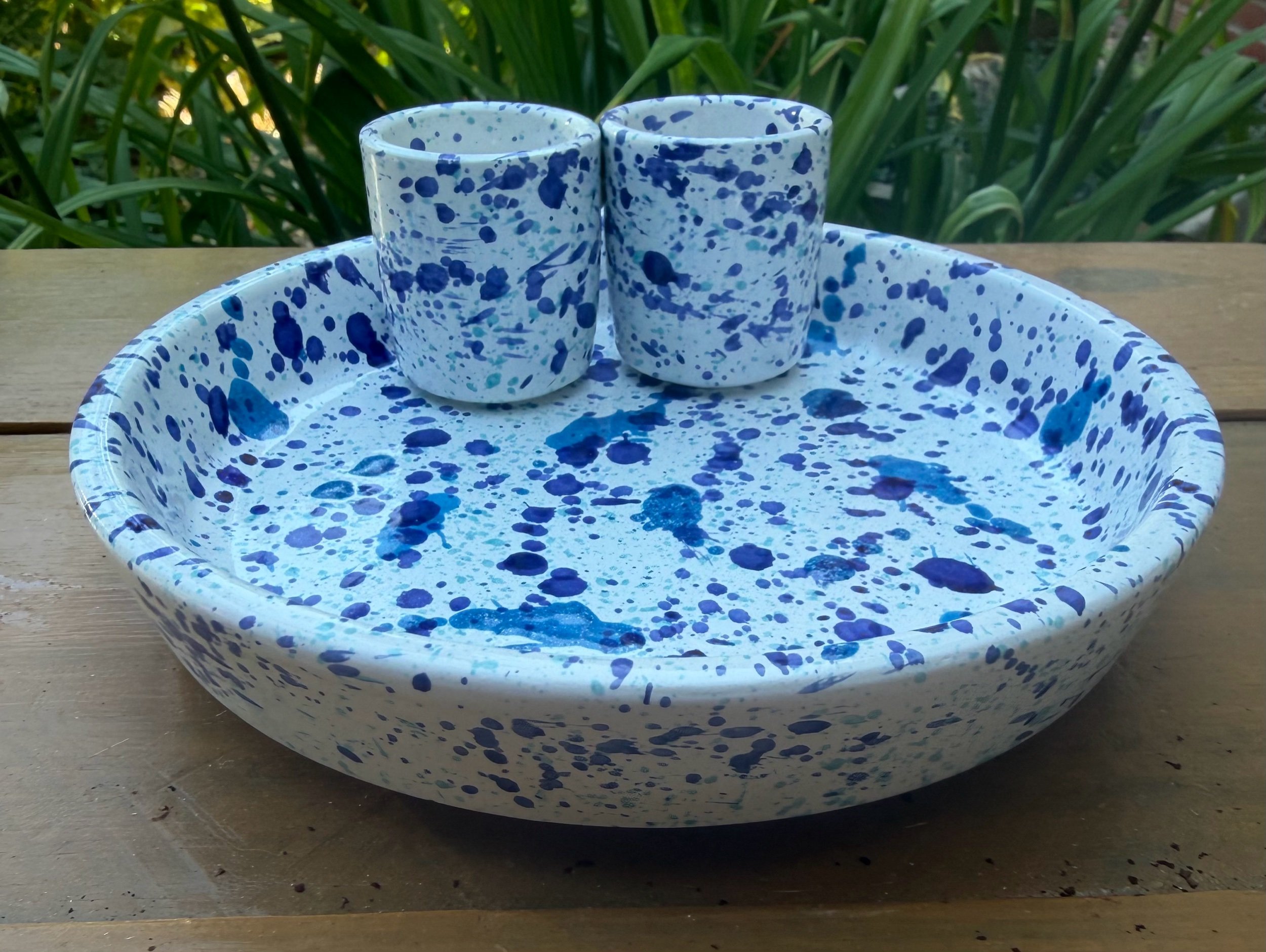 Handmade Spanish Olive Bowl with 2 pots for pots and sticks