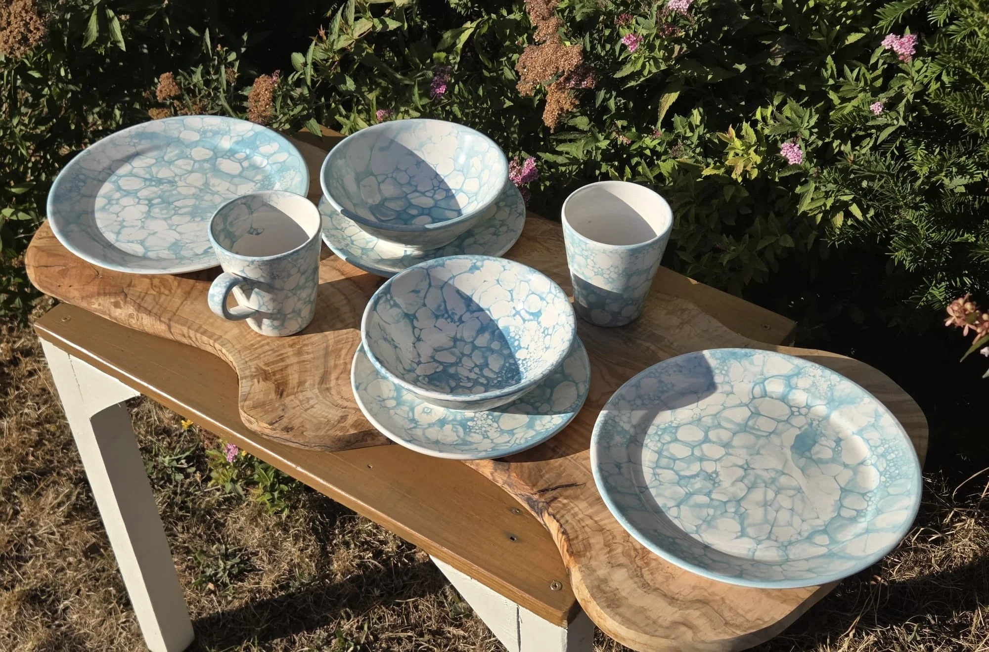 Handmade Spanish Student Dinner Set | 8 Piece Ceramic Crockery Set | Turquoise Bubble Pottery | Plates, Bowls & Mugs | University Gift