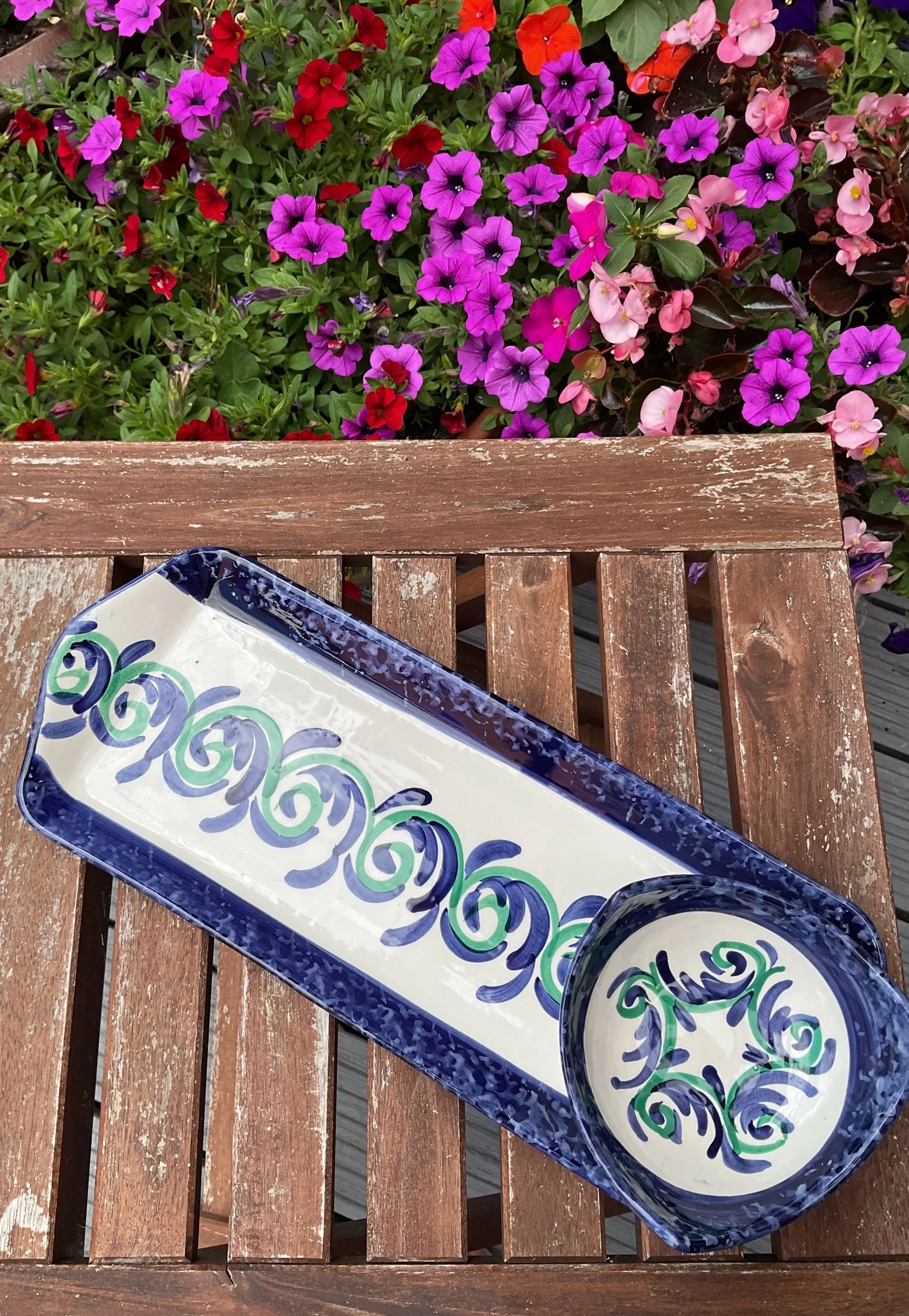 Handmade Spanish Ceramic Tapas Serving Set | Long Plate with Matching Dip Bowl | Mediterranean Serving Dish | Crudités, Bread & Dip Platter