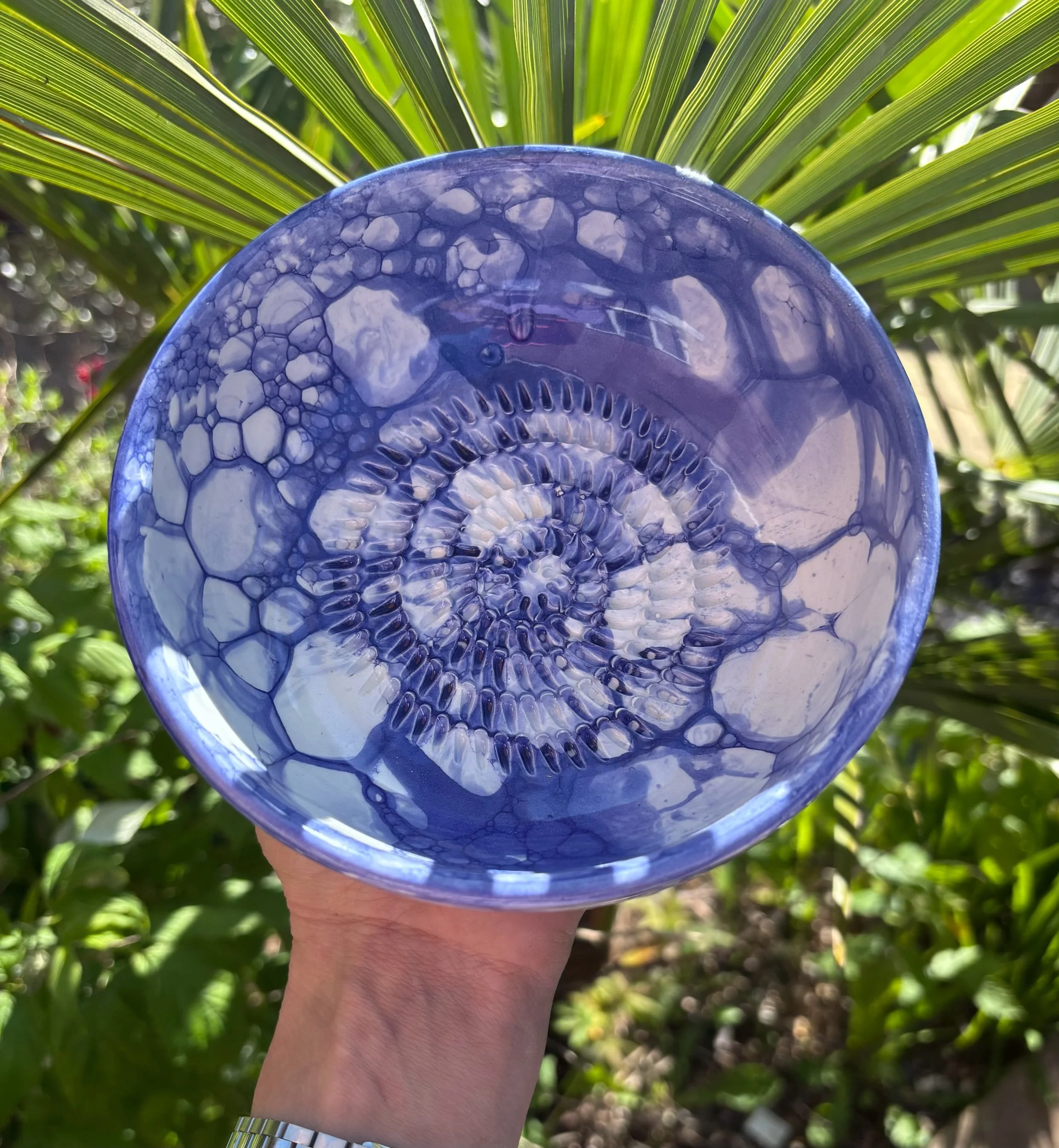 Handpainted Spanish Pottery Grater Bowl, Blue White Garlic Rasp, Guacamole Bowl