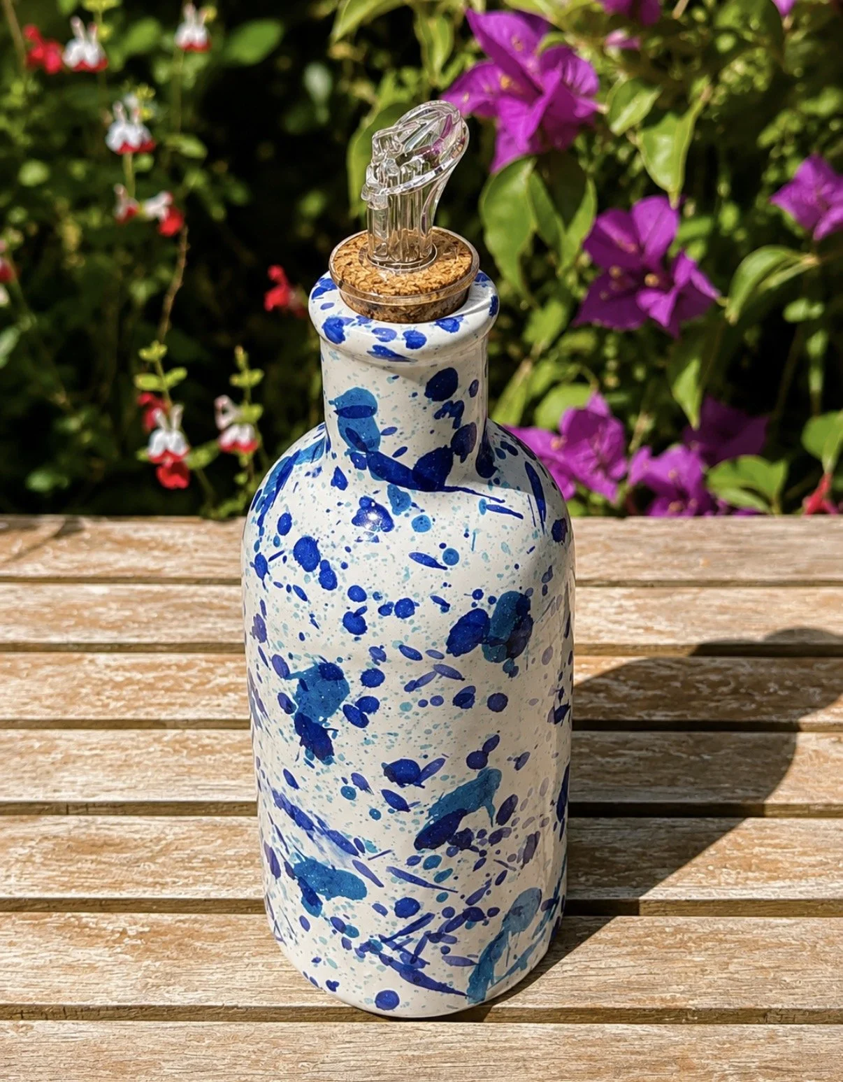 Handmade Spanish Olive Oil Bottle | Ceramic Oil & Vinegar Drizzler | Blue Splatter Cruet | Kitchen Counter Dispenser | Mediterranean Kitchen