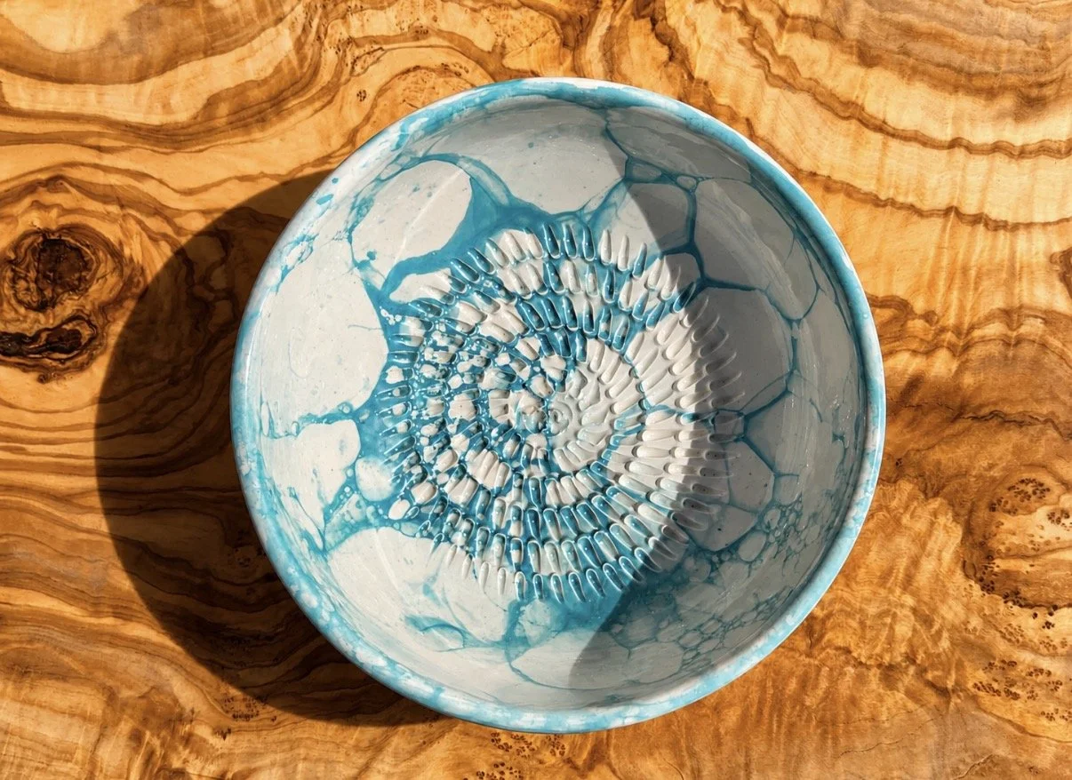 Spanish pottery turquoise ceramic garlic grater bowl.