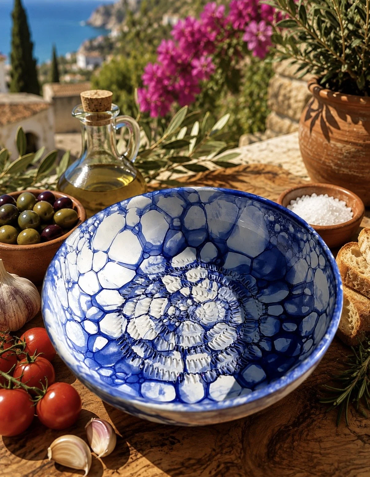 Handpainted Spanish Ceramic Grater Bowl, 23cm Dark Blue Bubble Glaze