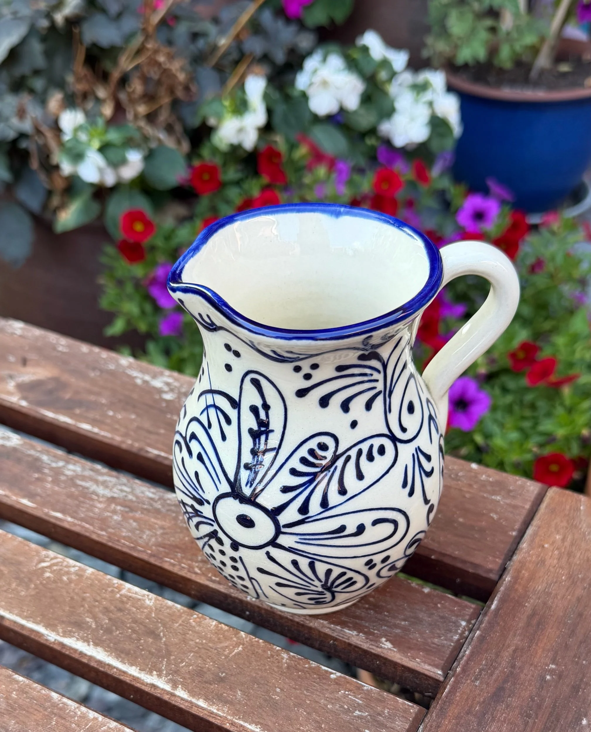 Handpainted small jug - Spanish pottery small handmade jug or vase. Blue and white floral pattern