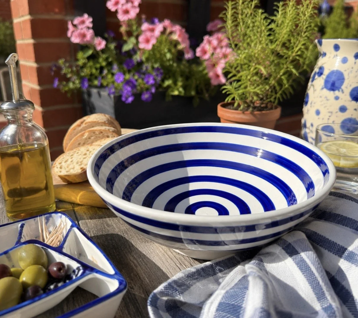 Handmade Spanish Pottery Bowl: Large Blue and White Striped Serving Bowl