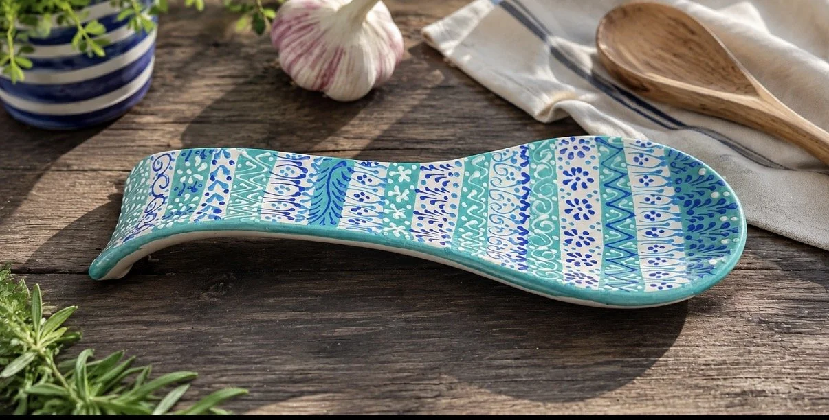 Greek Ceramic Spoon Rest, Hand Painted Pottery Utensil Rest, Blue Turquoise Kitchen Accessory, Mediterranean Kitchen Gift