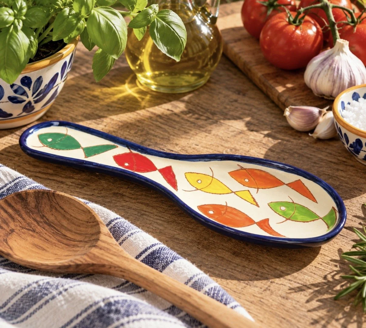Hand Painted Fish Spoon Rest, 27cm Spanish Ceramic Kitchen Accessory