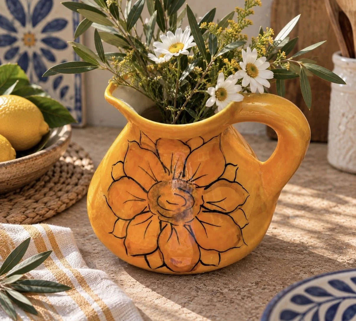 Hand-Painted Spanish Ceramic Jug Vase – Orange Floral – 14cm