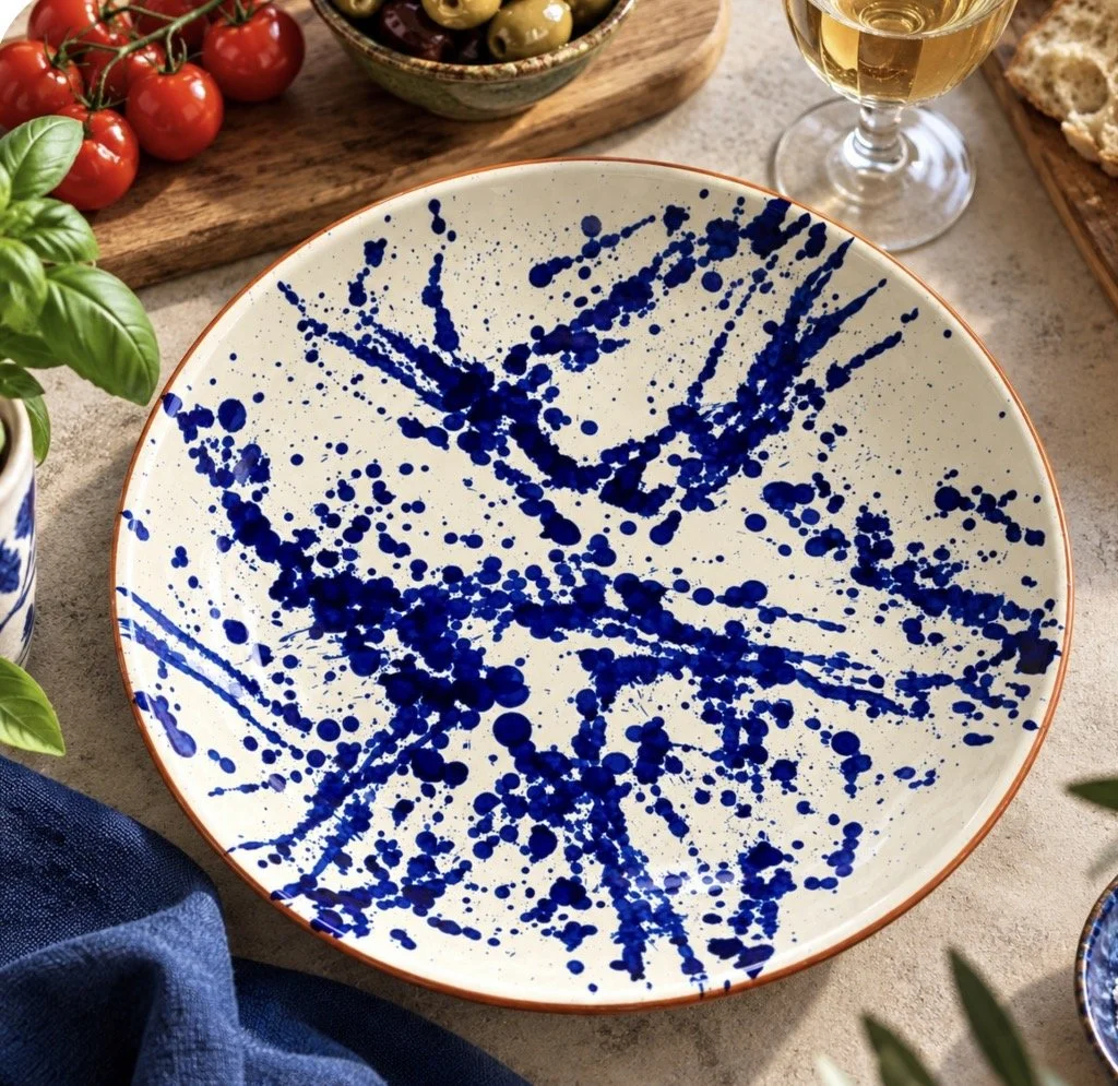 Beautiful Spanish terracotta splatter glazed large blue and white (38cm) serving bowl