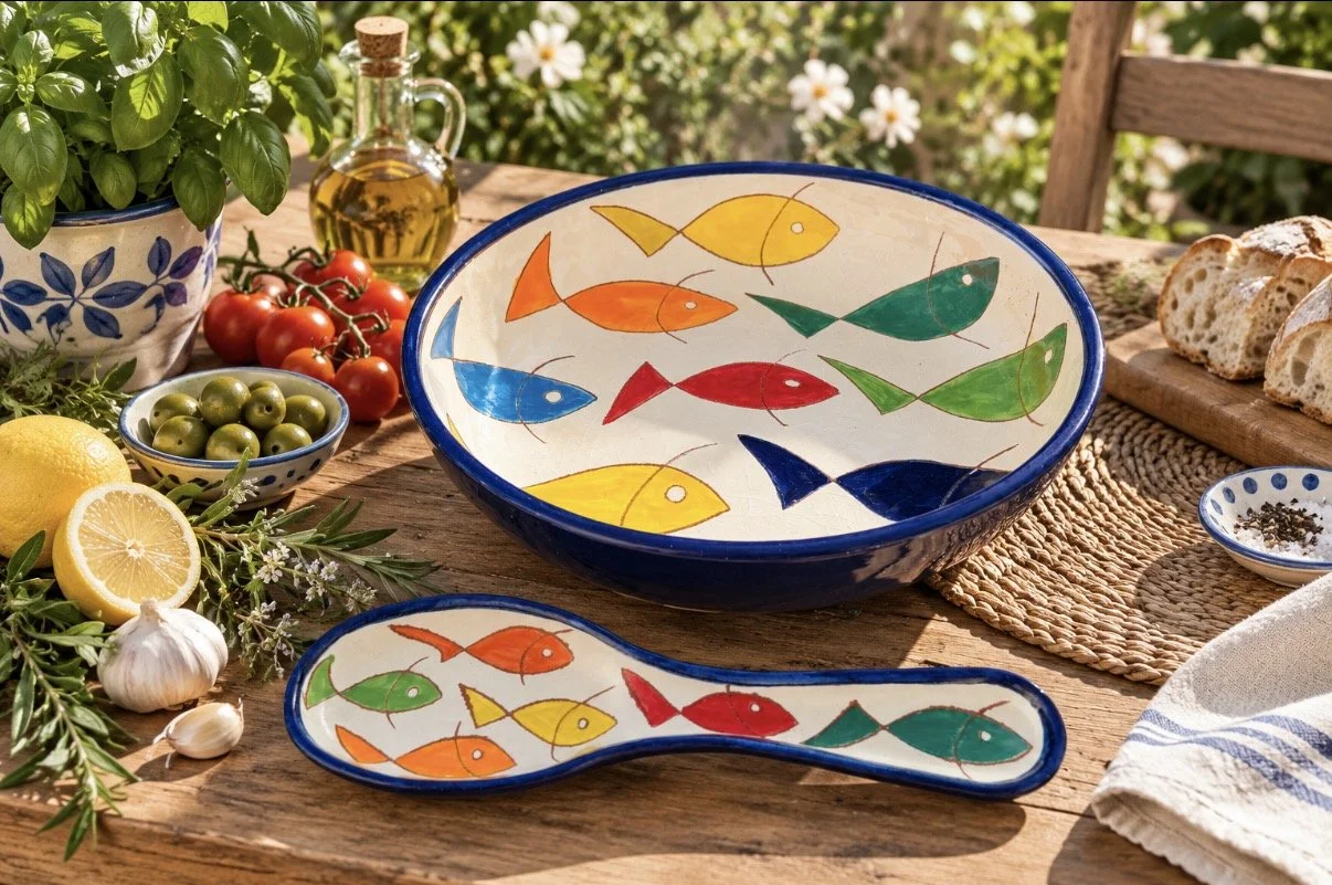 Spanish Fish Serving Bowl & Spoon Rest Set – Hand-Painted 27cm