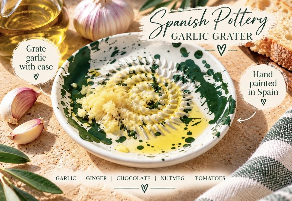 Green-and-white Spanish ceramic garlic grater with freshly grated garlic and olive oil, beside garlic cloves and bread.