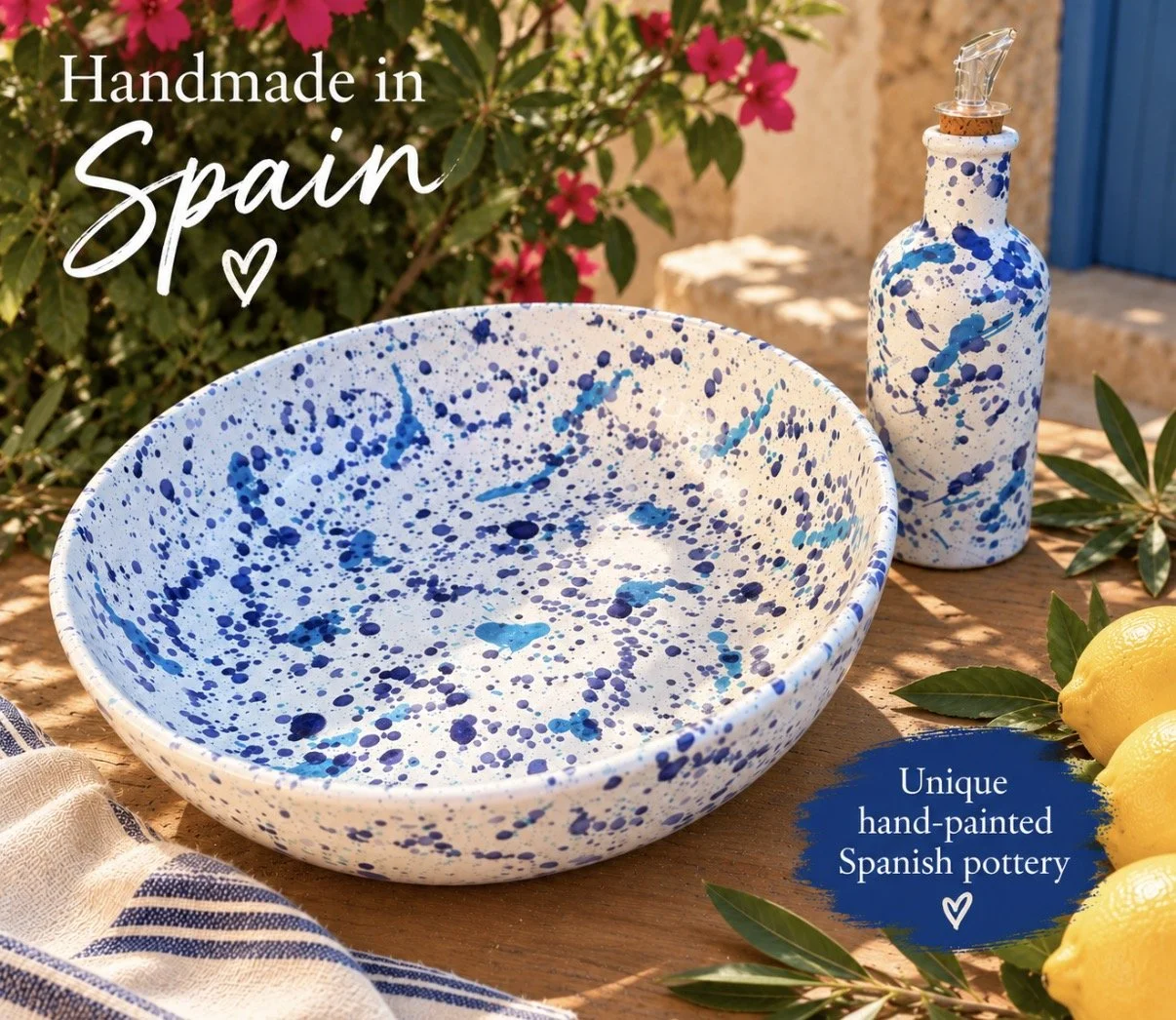 Spanish Pottery Serving Bowl & Olive Oil Drizzler Set