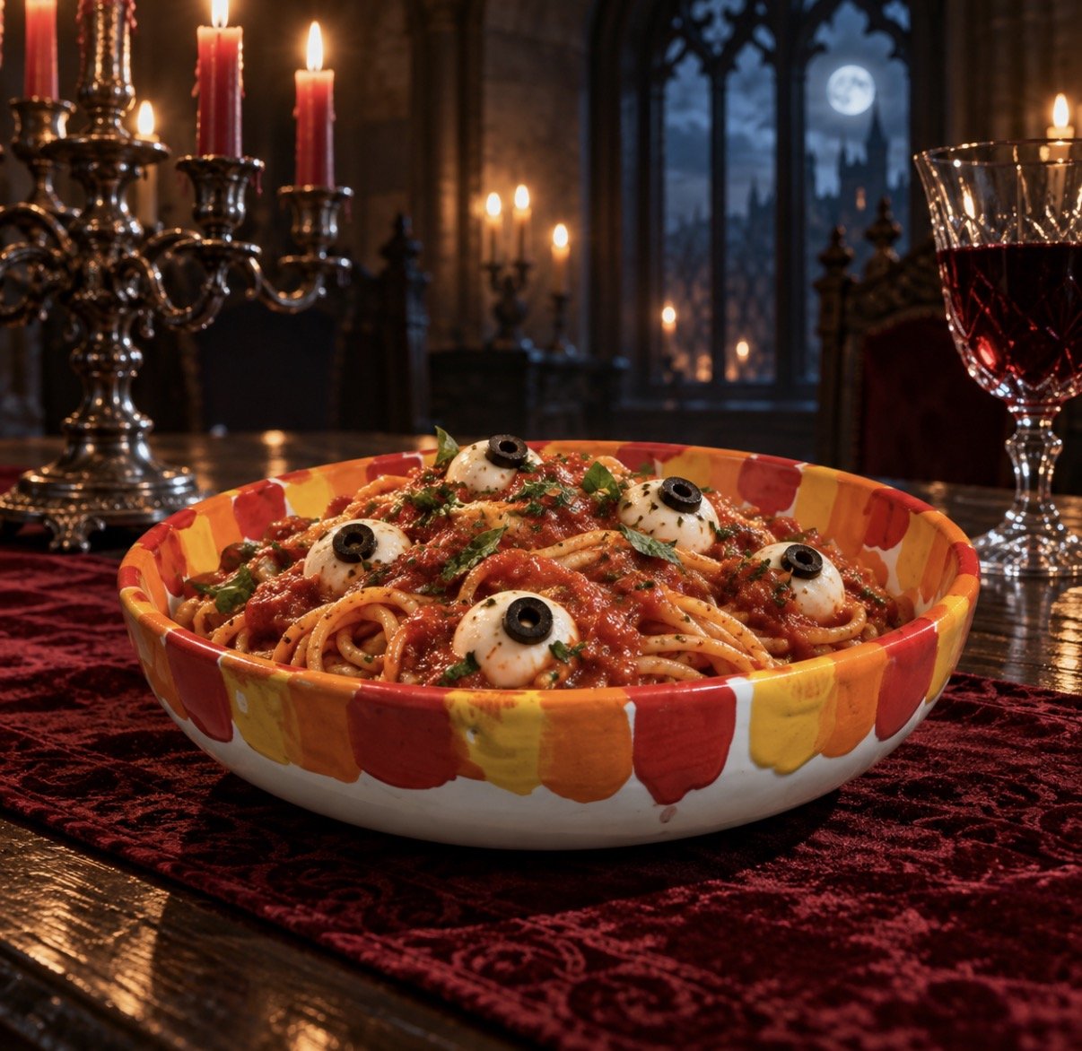 Red, orange and yellow serving bowl with spooky eyeball pasta on a candlelit Halloween table