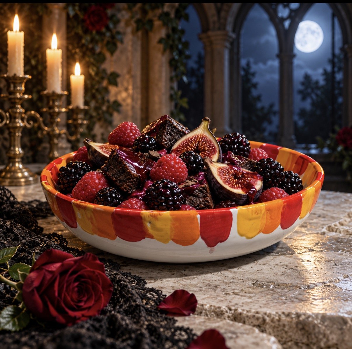 Orange Spanish serving bowl with dark berries and figs in a candlelit Halloween setting beneath a full moon