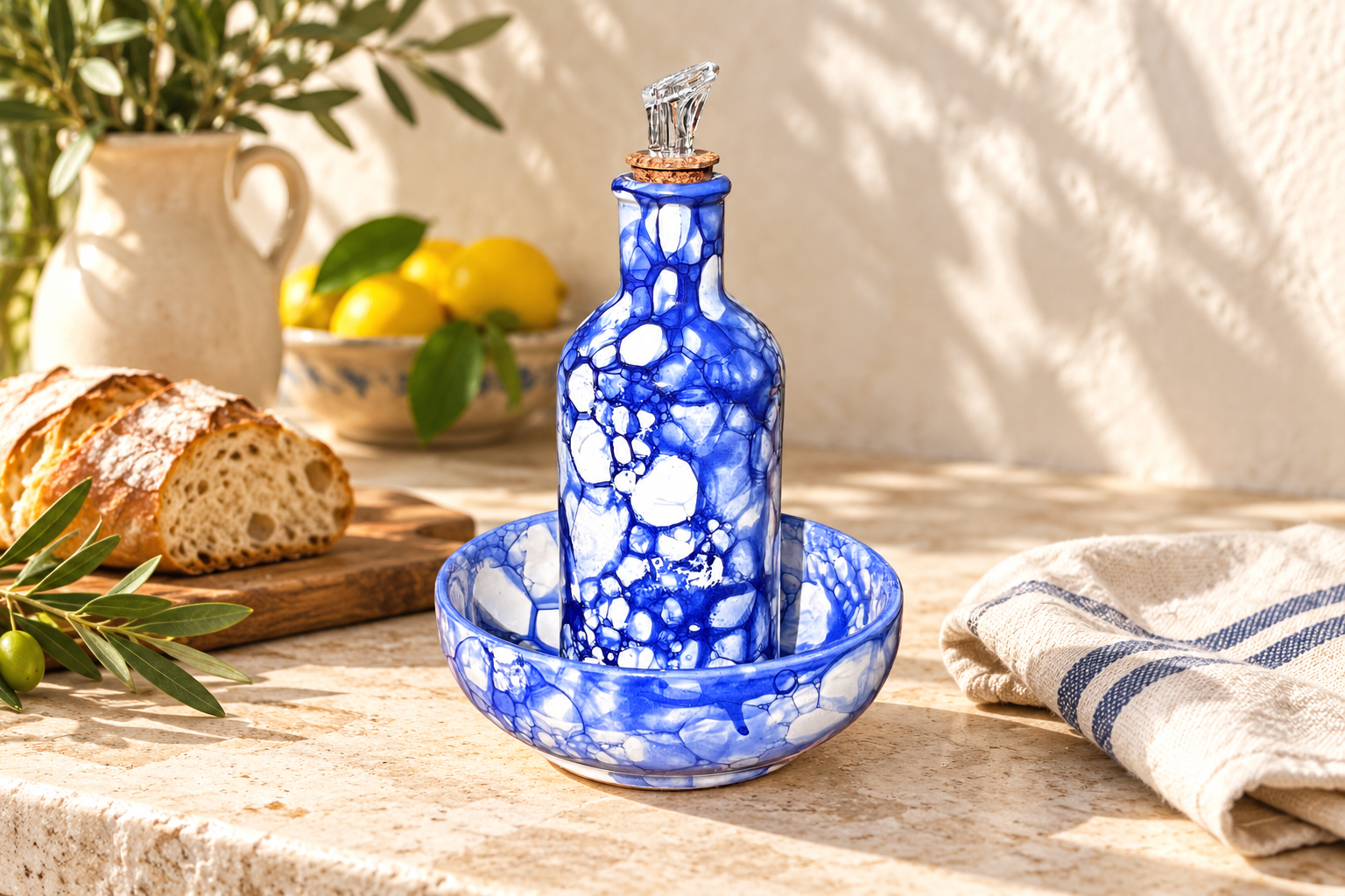 Blue and white Spanish oil drizzler and matching grater bowl in a sunlit kitchen