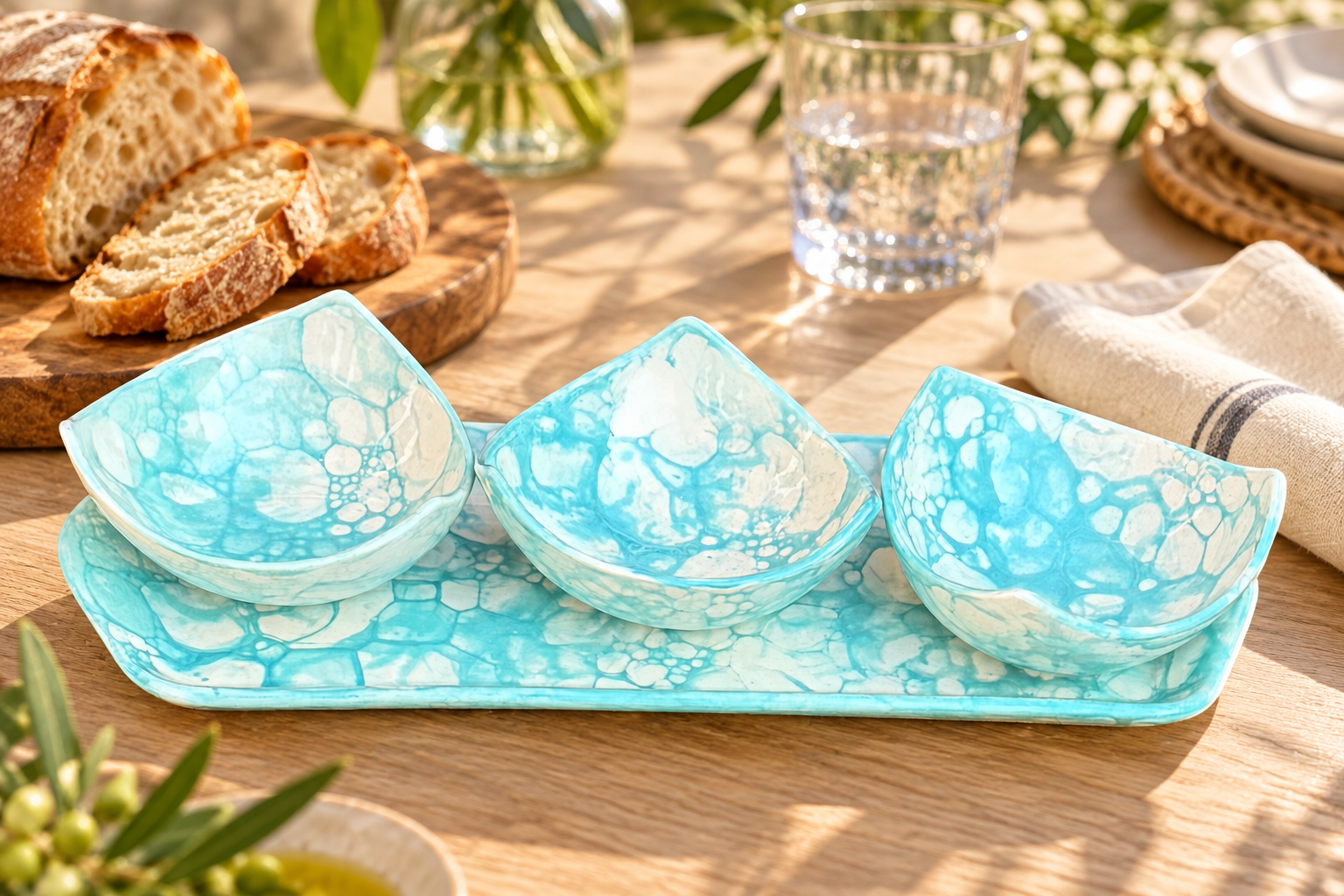 Turquoise and white Spanish tapas platter with three bowls on a sunlit dining table