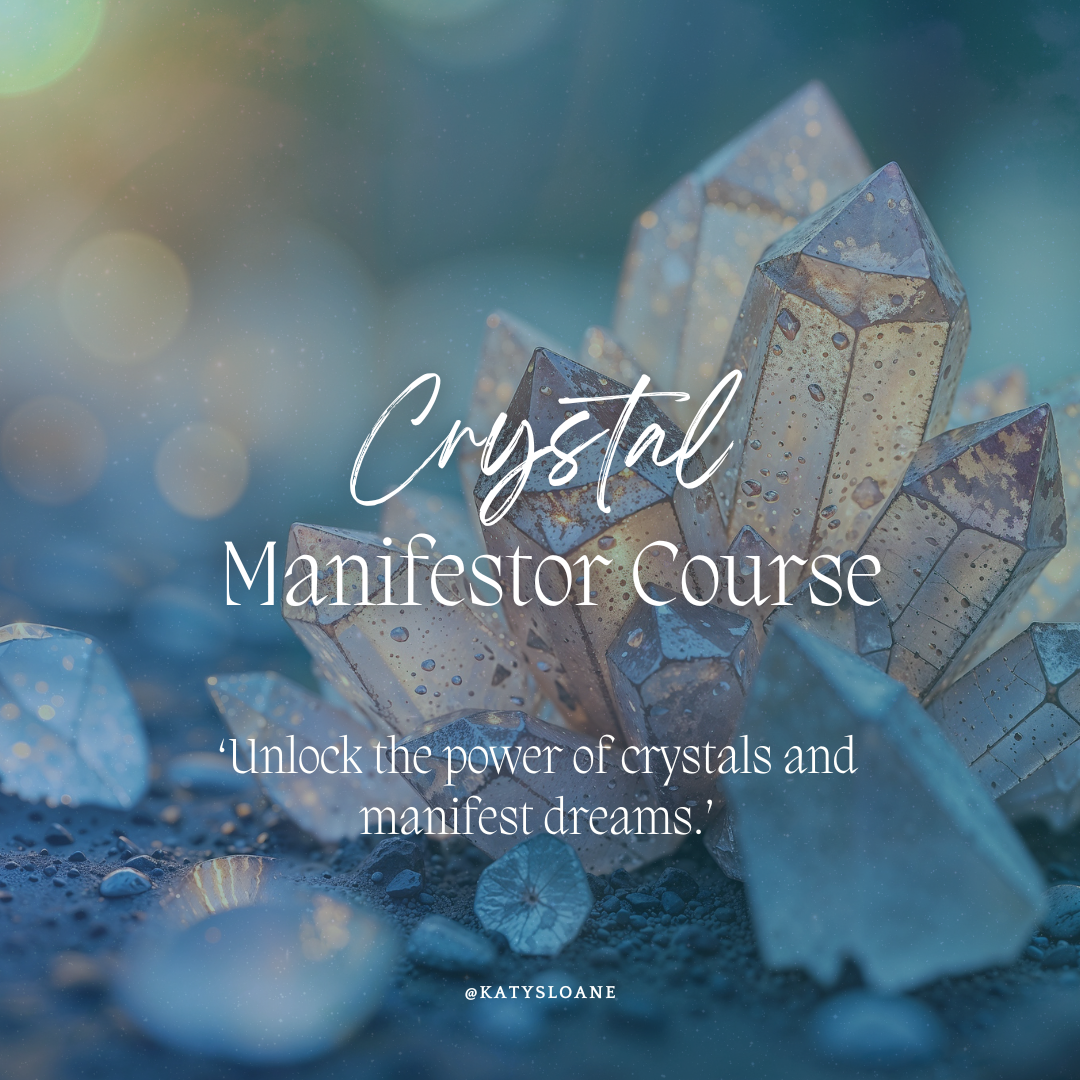 Announcement for an upcoming Crystal Manifestor Course with a purple and gold cosmic background.