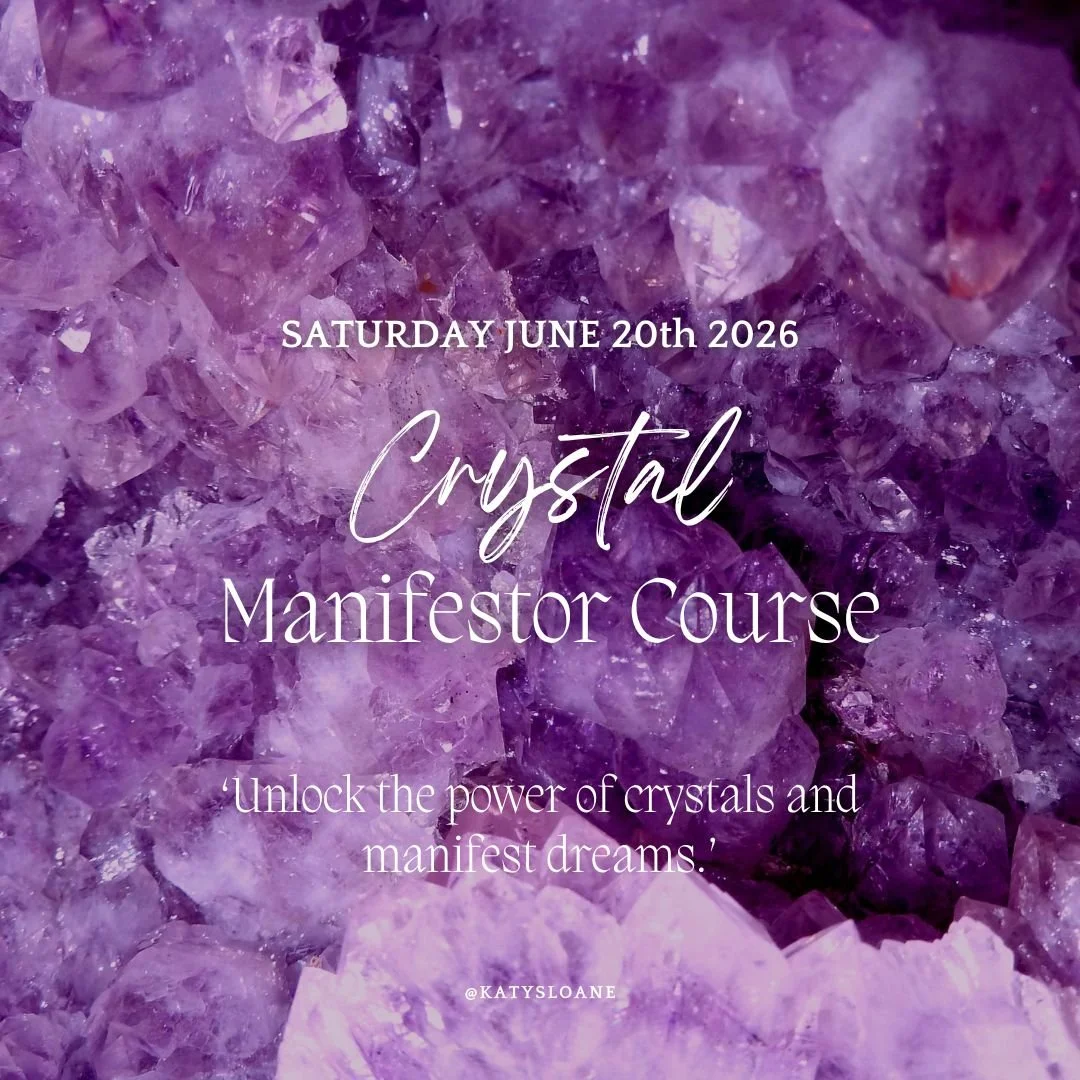 Announcement for an upcoming Crystal Manifestor Course with a purple and gold cosmic background.
