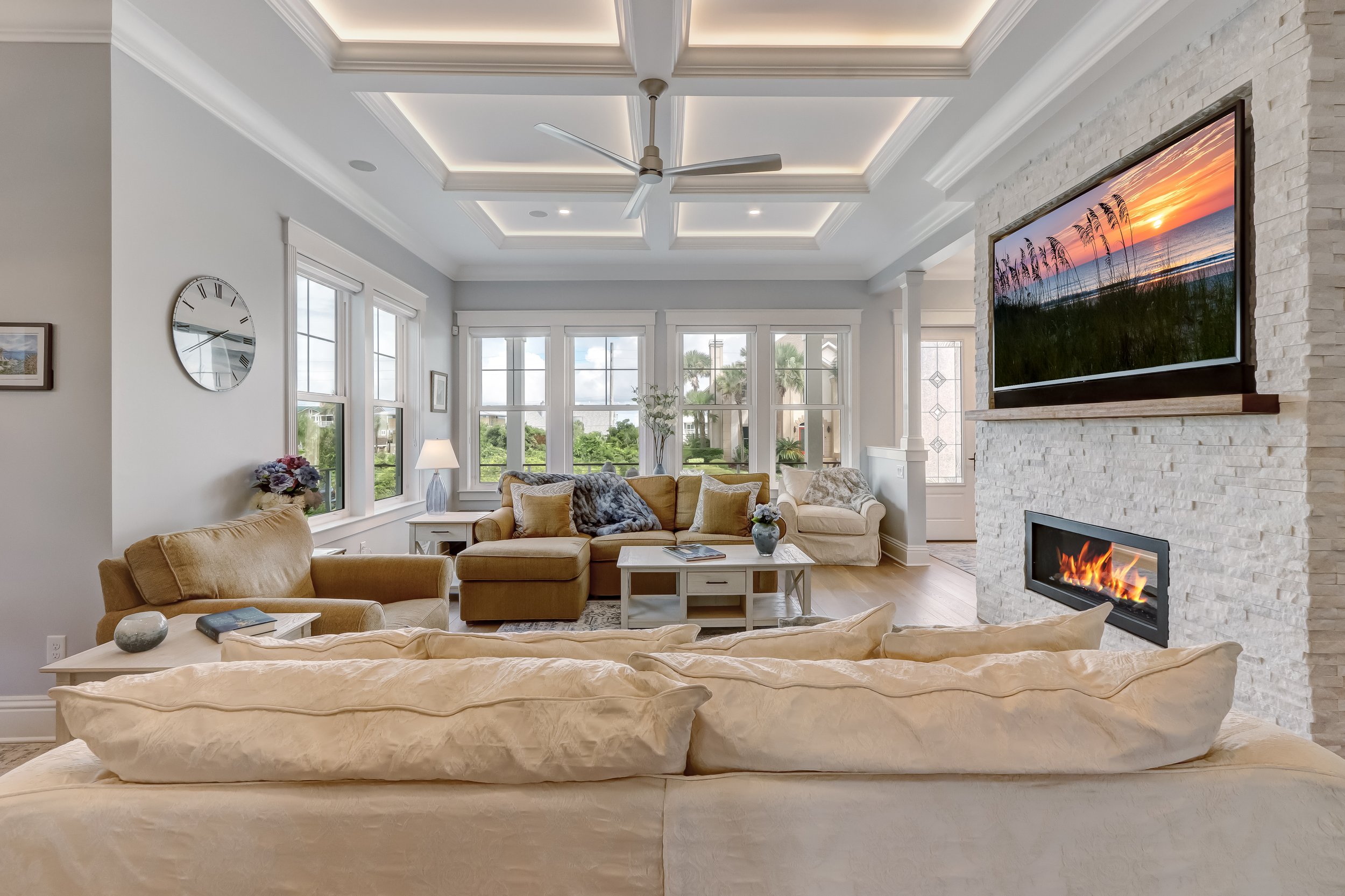 living room open space recessed ceiling lighting fire place floor plan indoor lighting