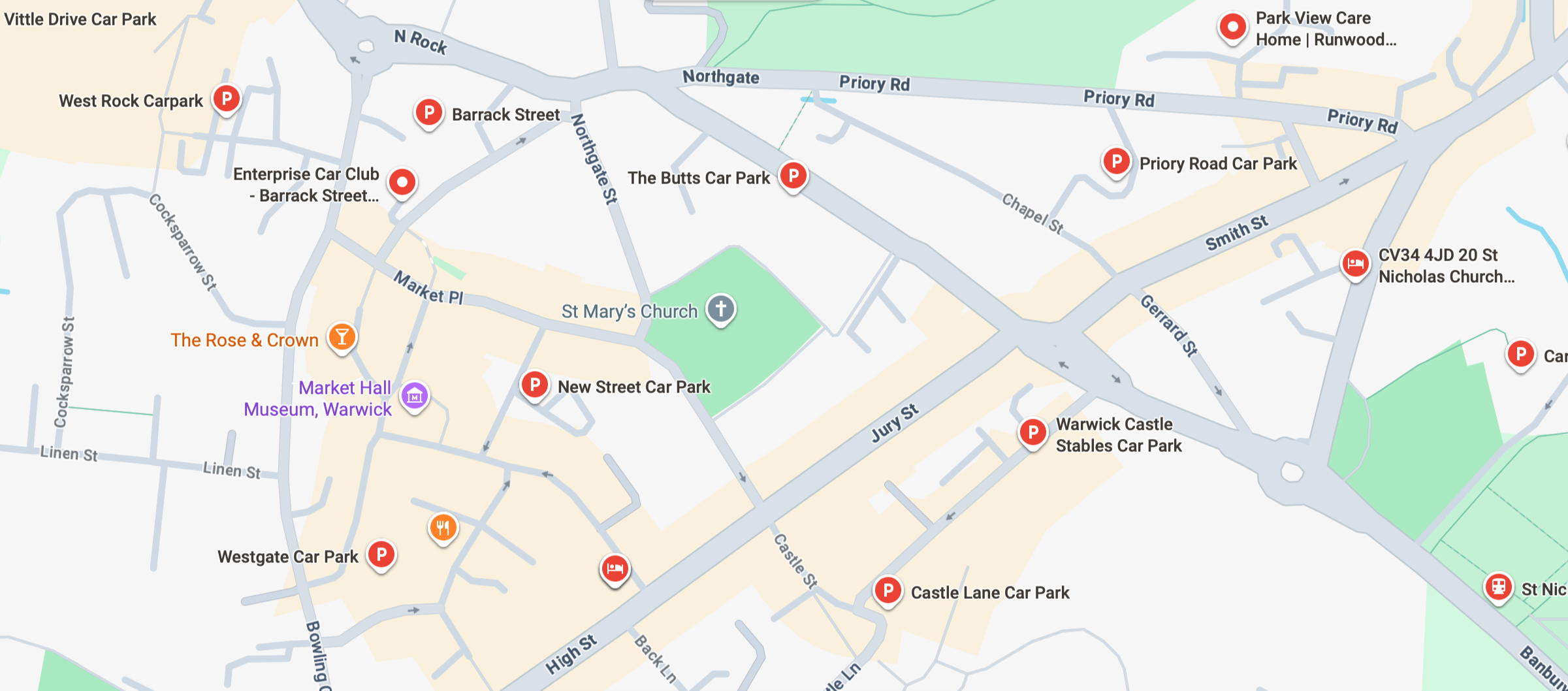 Map of Vittle Drive Car Park and surrounding areas including other parking lots, churches, museums, and restaurants in Warwick.