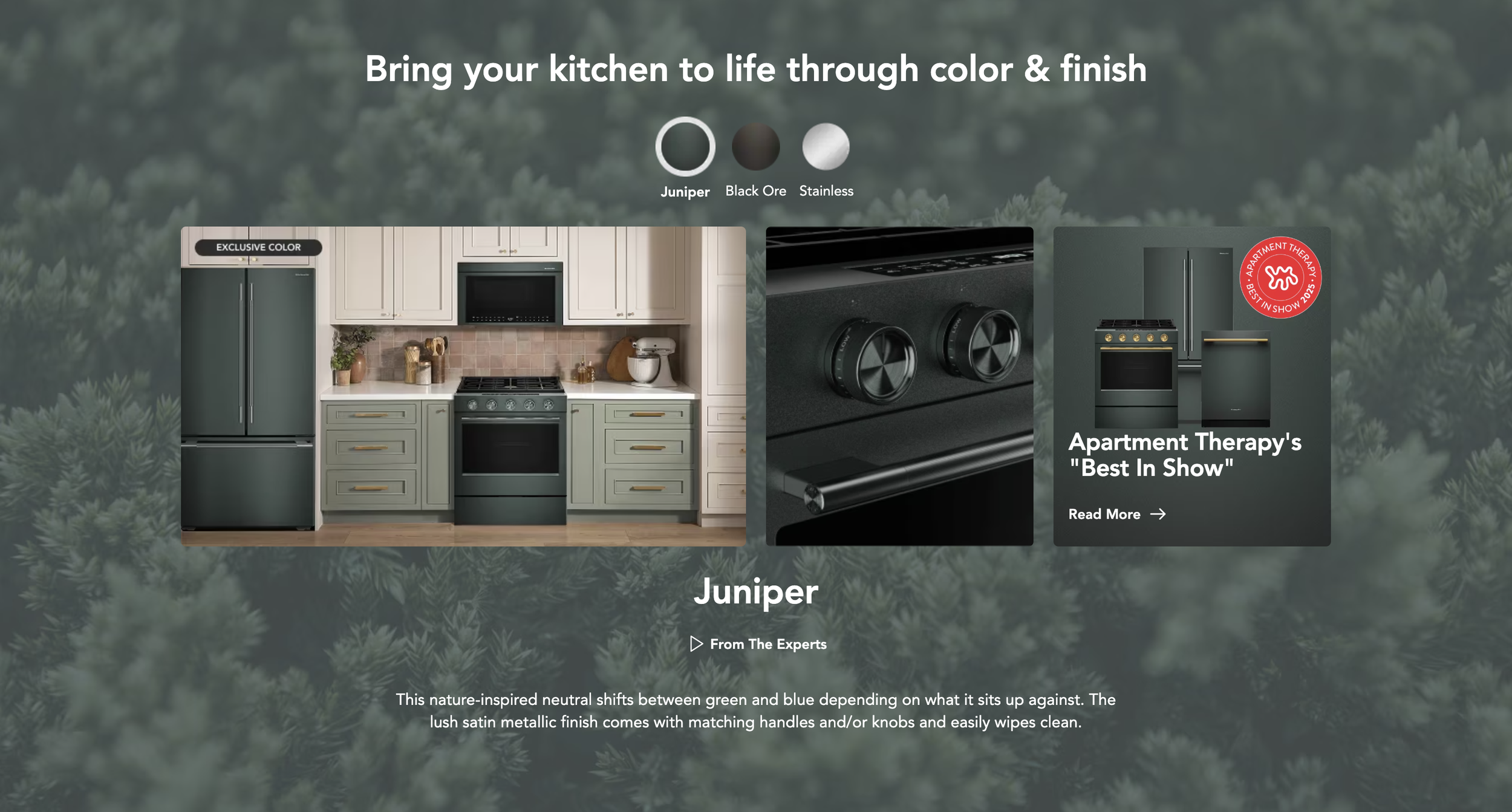 Lush blue-green appliances in a kitchen on a green background