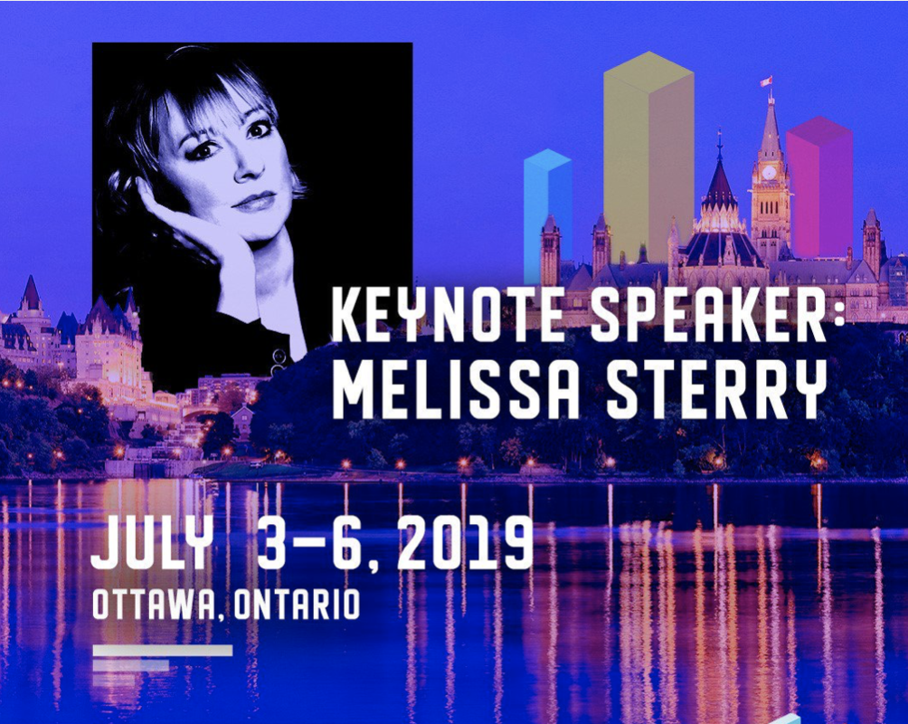 Event advertisement for a keynote speaker, featuring a black and white portrait of a woman on a blue-tinted background showing Ottawa landmarks. Text reads "Keynote Speaker: Melissa Sterry, July 3-6, 2019, Ottawa, Ontario."