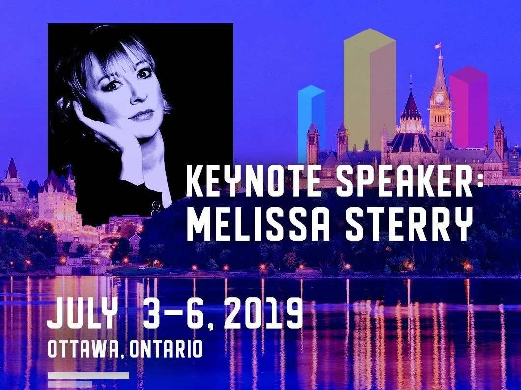 Promotional poster for an event with keynote speaker "Melissa Sterry," held from July 3-6, 2019, in Ottawa, Ontario. The background features a night view of Ottawa's skyline with colorful geometric shapes.
