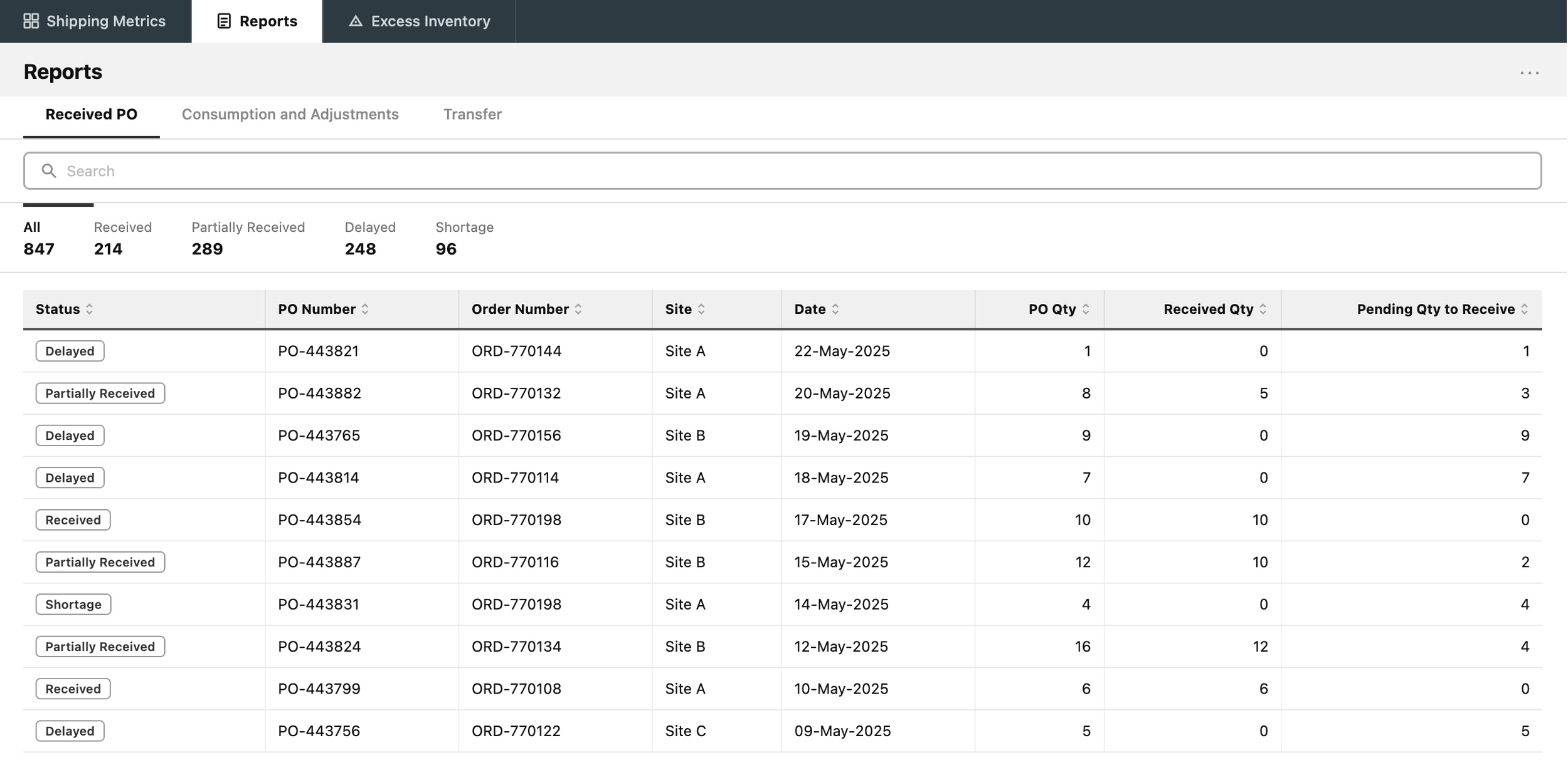 Initial design for Reports page; contains tab for each report (such as Received PO), search, and ability to filter table by inventory status