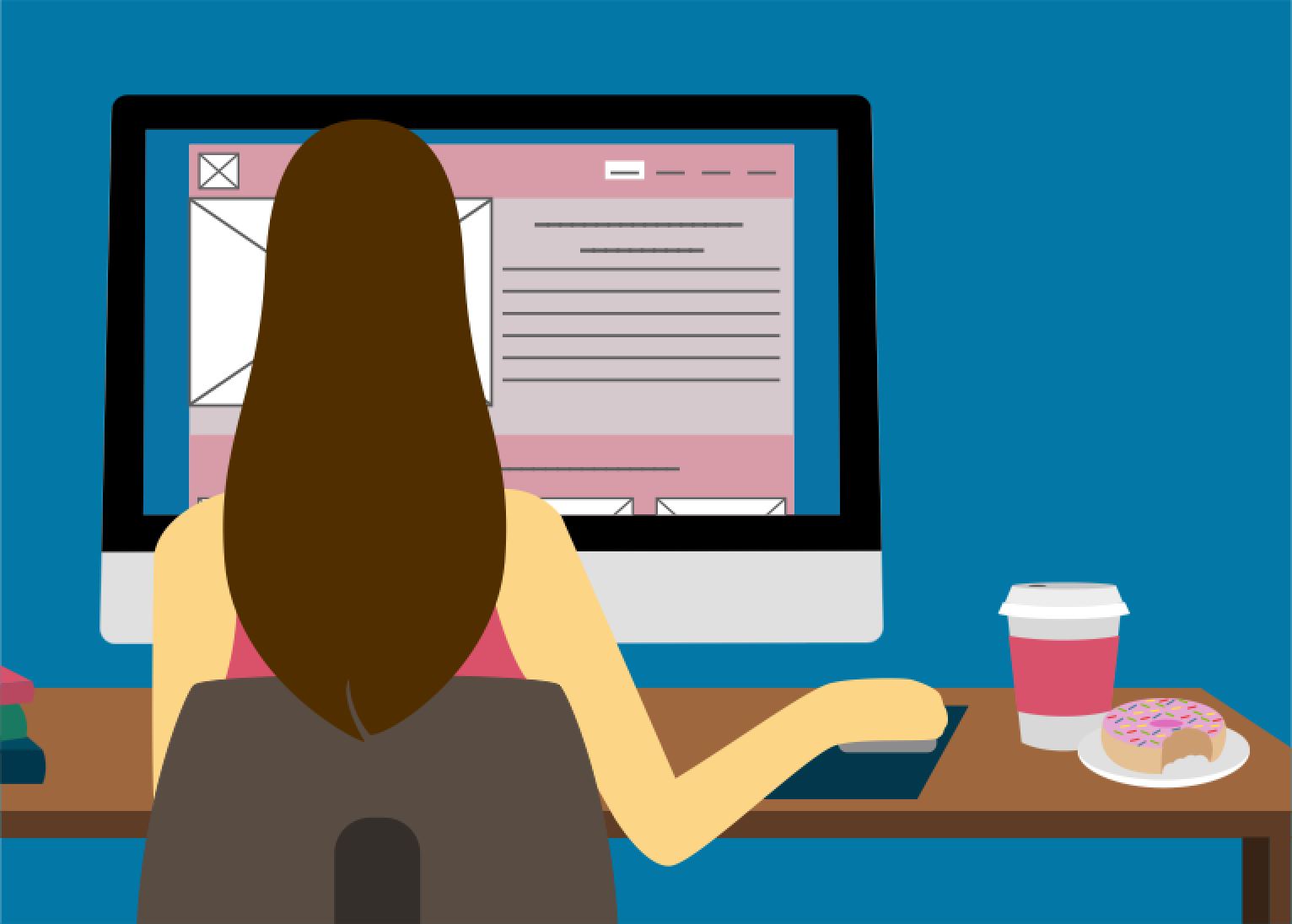 Vector illustration of Meghan Fagan sitting in front of a computer working on a website mockup. A cup of coffee and a donut are displayed on the desk near her right hand.