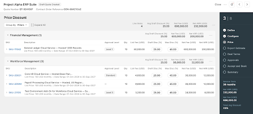 Price step within "create quote" guided process with pricing information for products added to the quote; can update some info like discounts