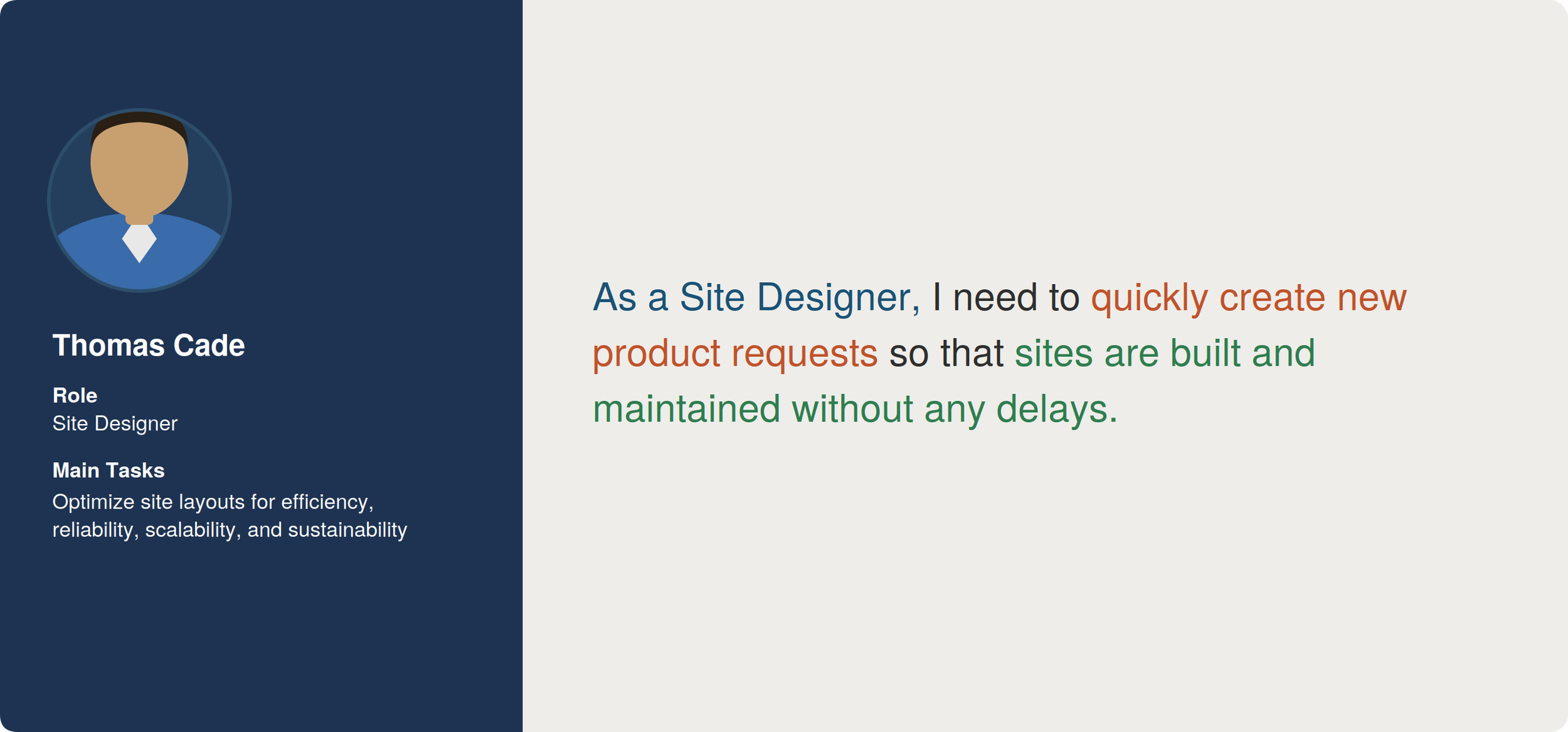 User goal for site designer Thomas Cade: As a Site Designer, I need to quickly create new product requests so that sites are built and maintained without any delays.