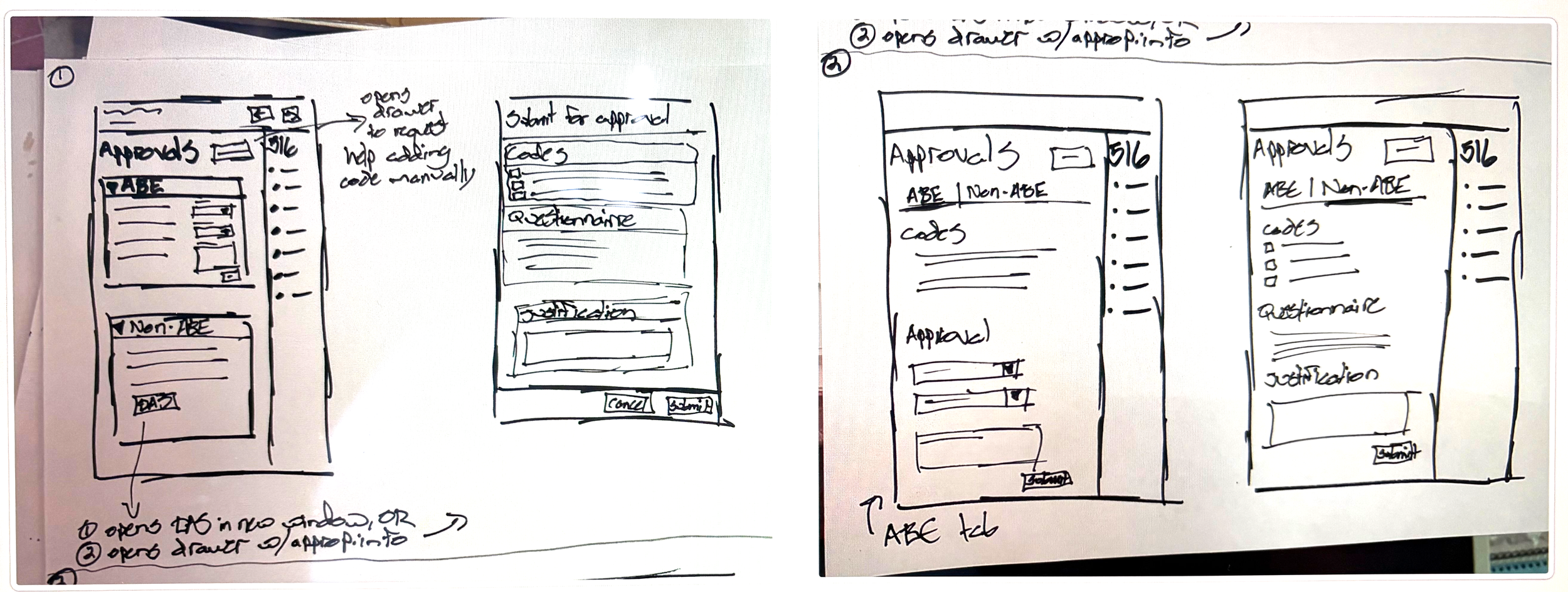 Low-fidelity brainstorming sketches for "create quote" guided process