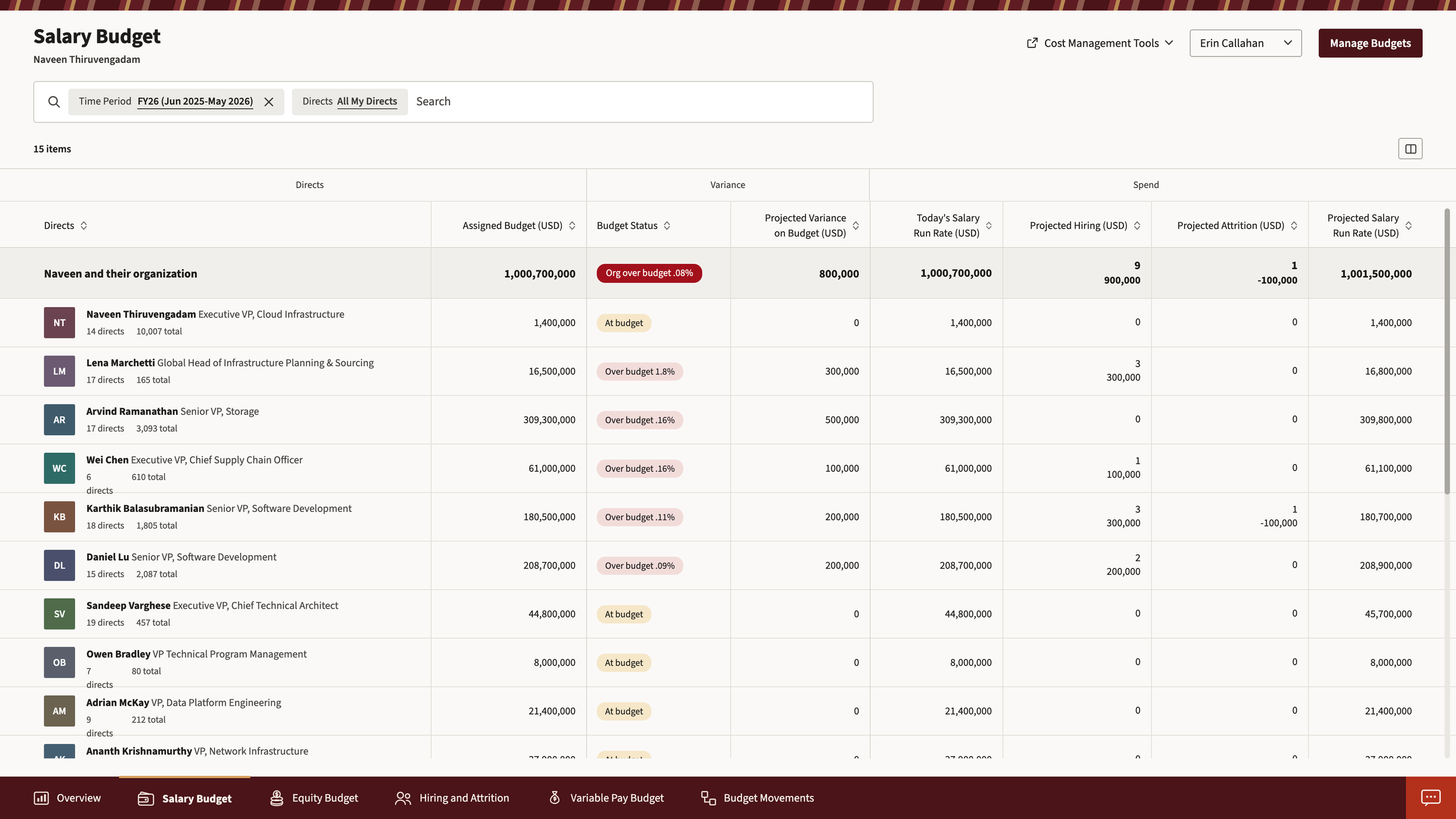 Salary Budget page design showing table with assigned budget, variance, and spend values for each of EVP’s directs for fiscal year 2026.