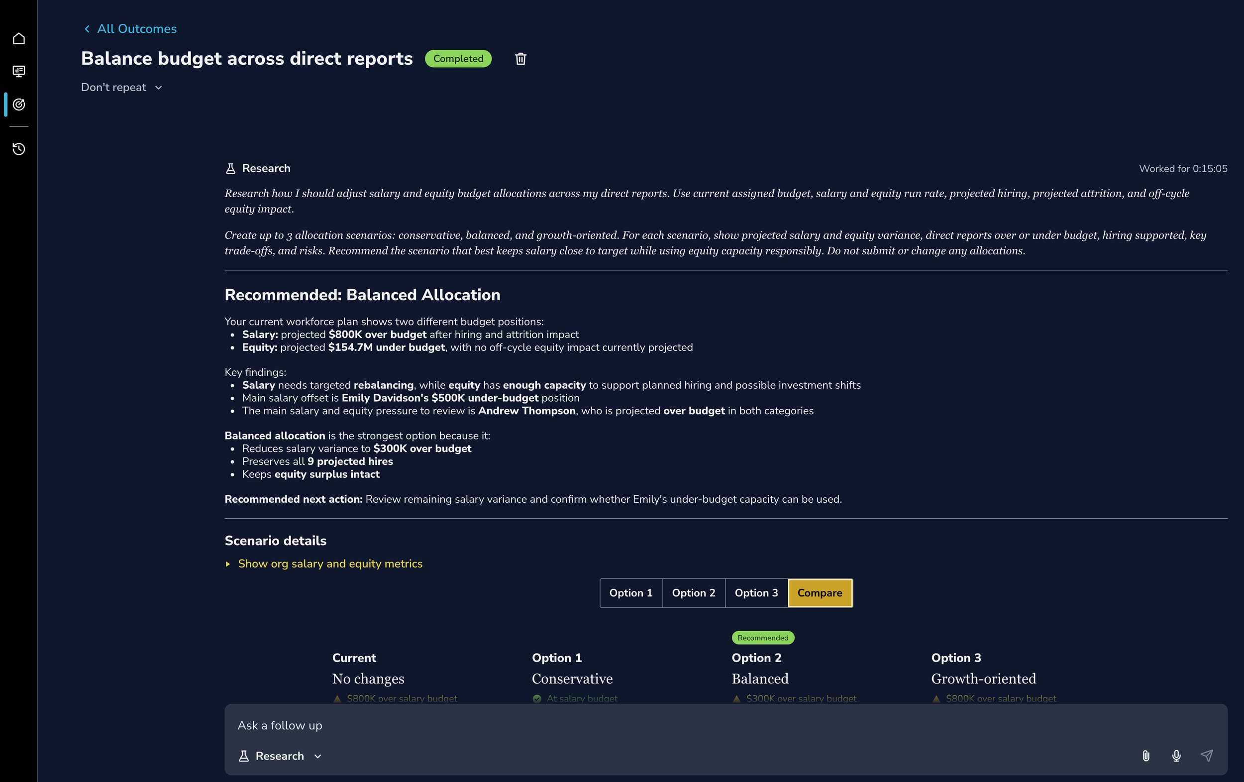When system done generating outcome, displays results page. For “balance budget…” outcome, system shows original prompt, summary section recommending a “balanced allocation” scenario, and scenario details section (which is cut off in this image)