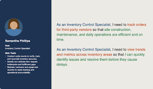 Inventory Control Specialist goals include tracking orders for third-party vendors and viewing trends and metrics across areas so operations aren't delayed and can quickly identify and resolve issues.