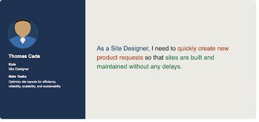 User goal for site designer Thomas Cade: As a Site Designer, I need to quickly create new product requests so that sites are built and maintained without any delays.