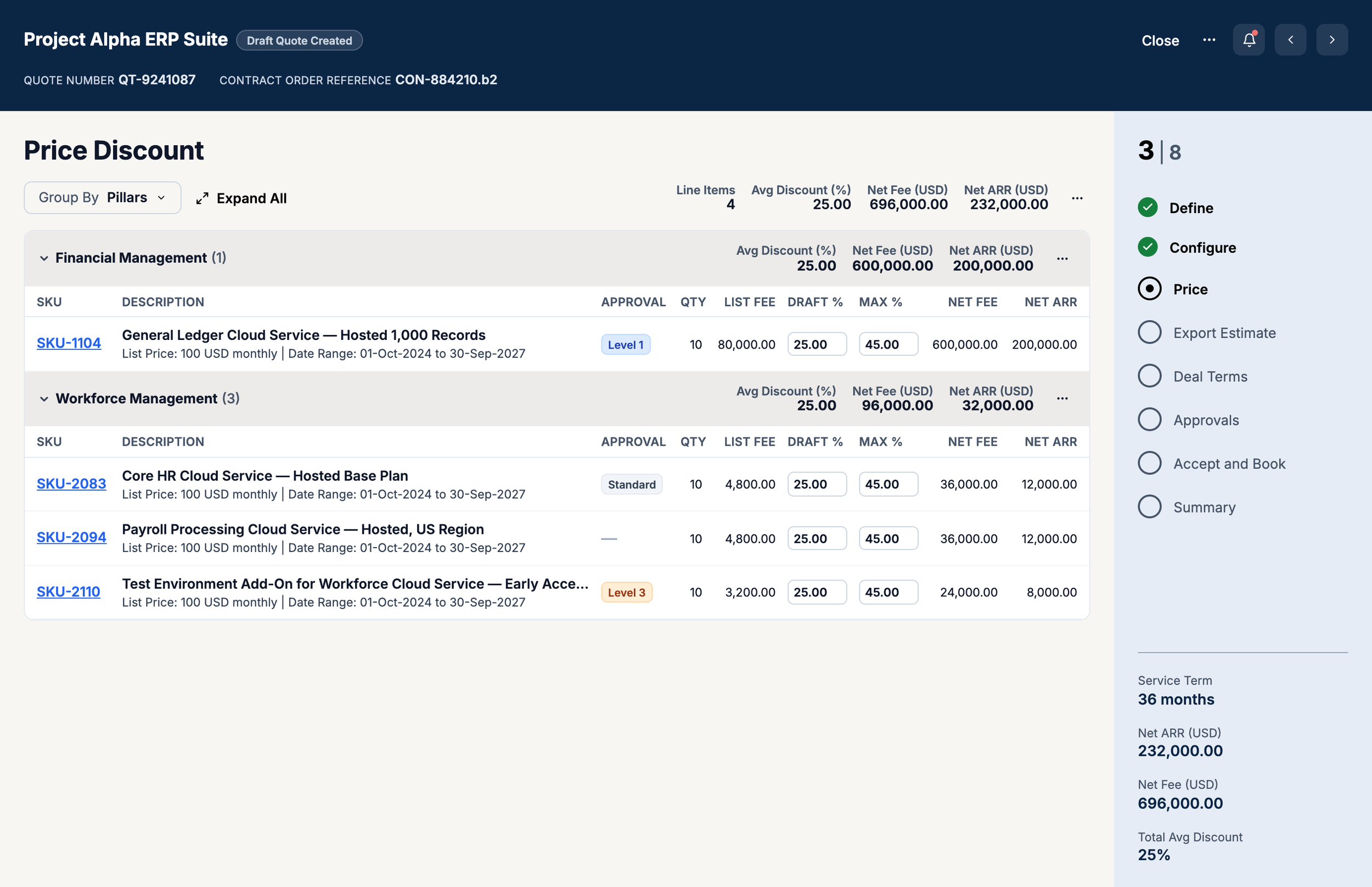 Price step within "create quote" guided process with pricing information for products added to the quote; can update some info like discounts