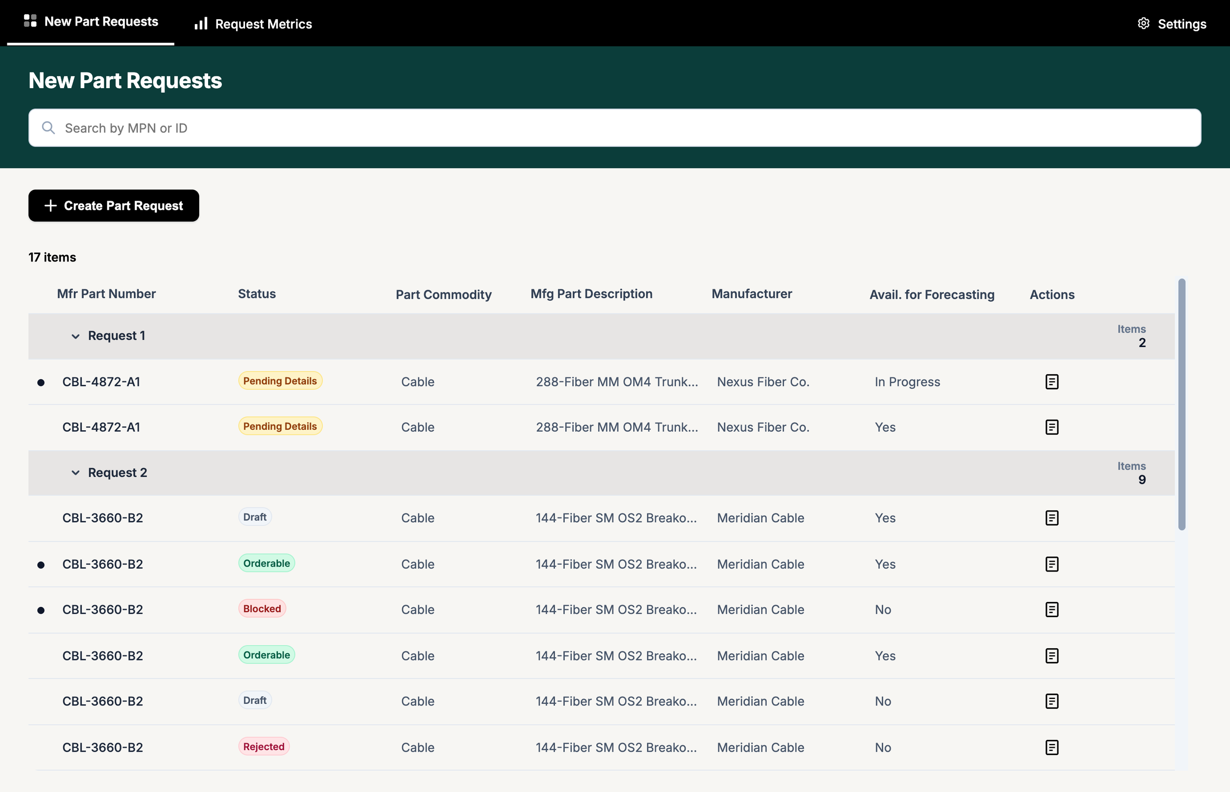 High fidelity version of landing page containing search, requests table, and button to create part requests