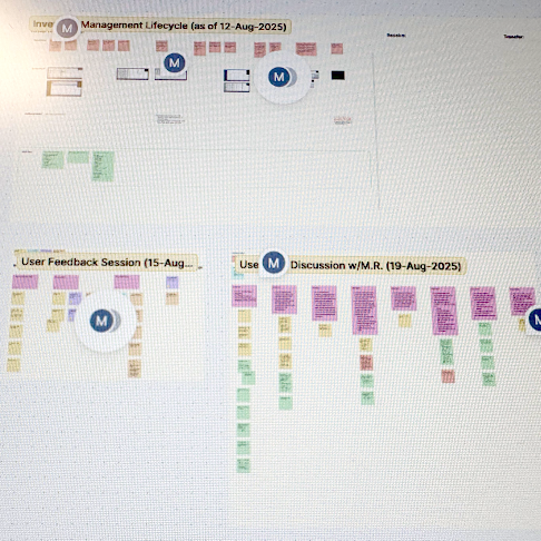 FigJam boards with user feedback session, application lifecycle notes (intentionally illegible)