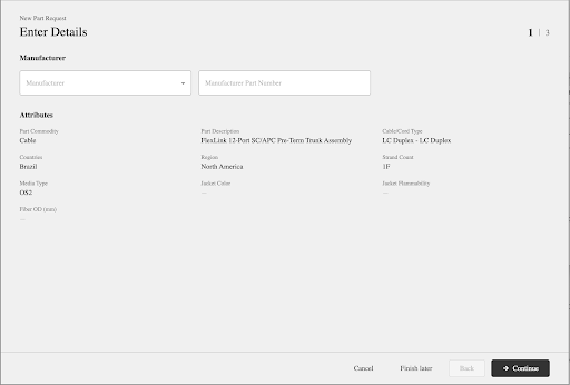 Later version of New Part Request page