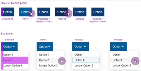 Guidelines showing how to style different states for options and menus displayed on navigation bars.