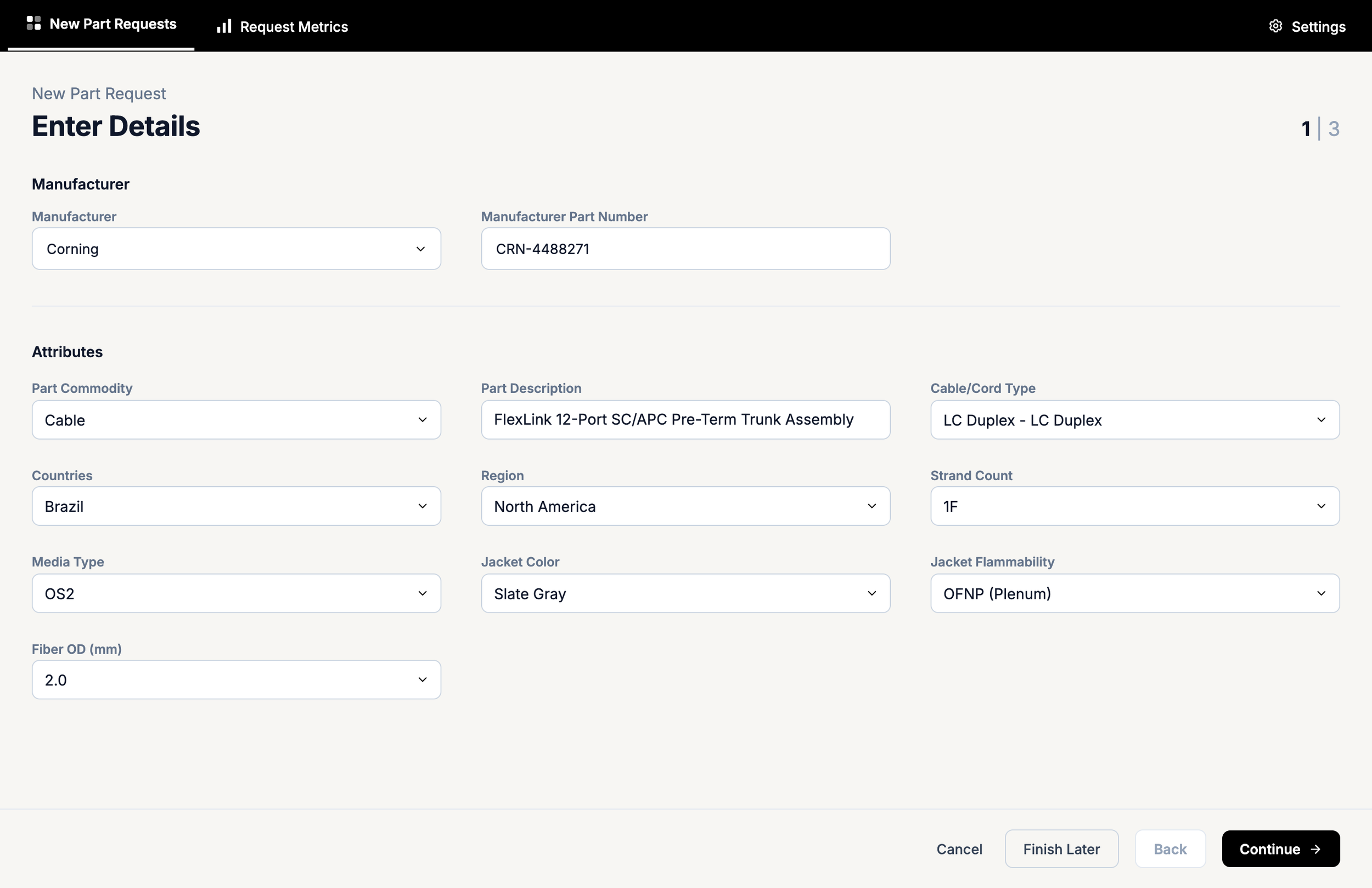 High fidelity "Create Part Request" page showing step 1 of this process containing Manufacturer and Attributes fields