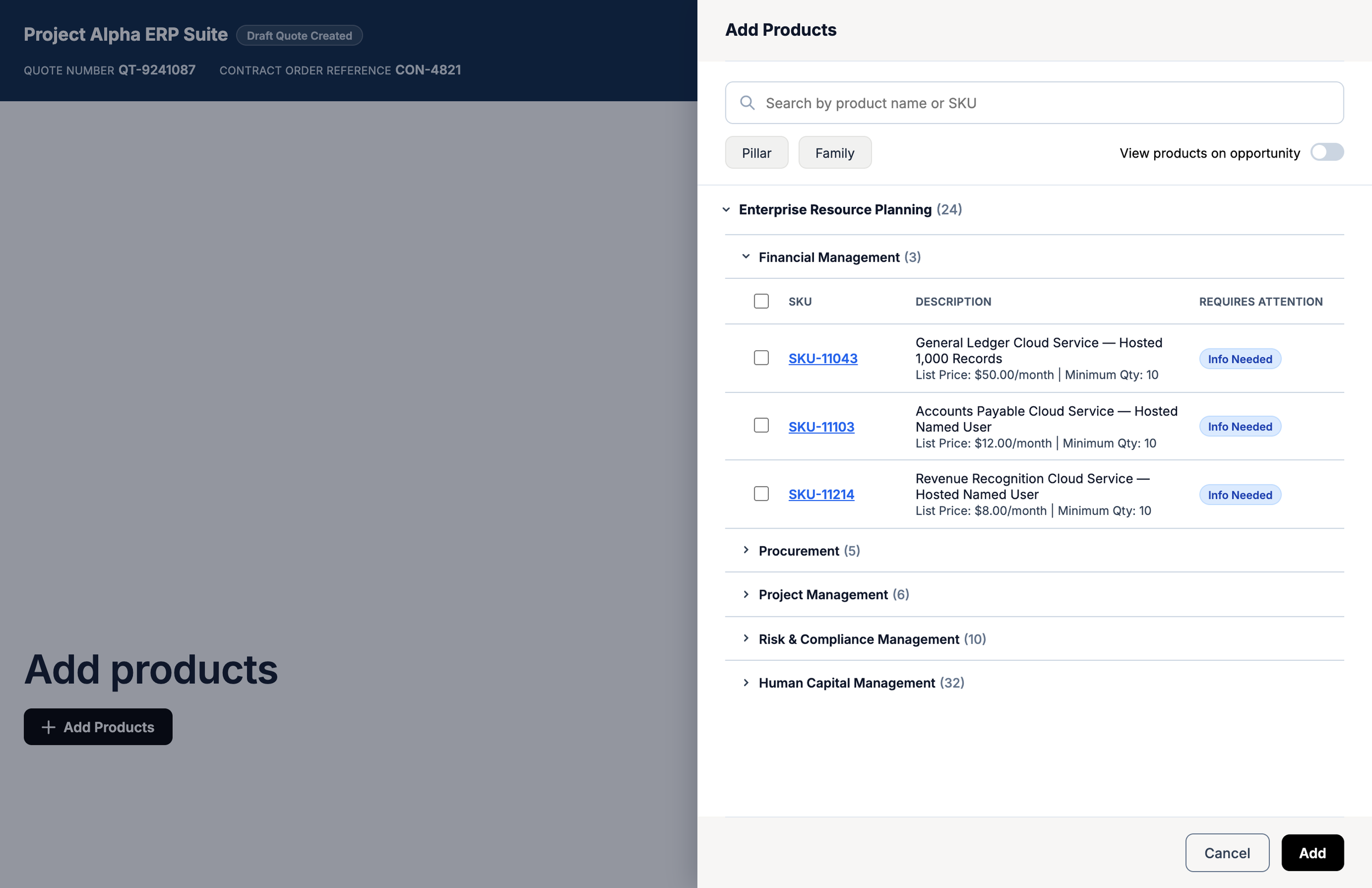 High fidelity design of Add Products drawer (within "create quote" guided process) containing multiple sections of organized, searchable product codes