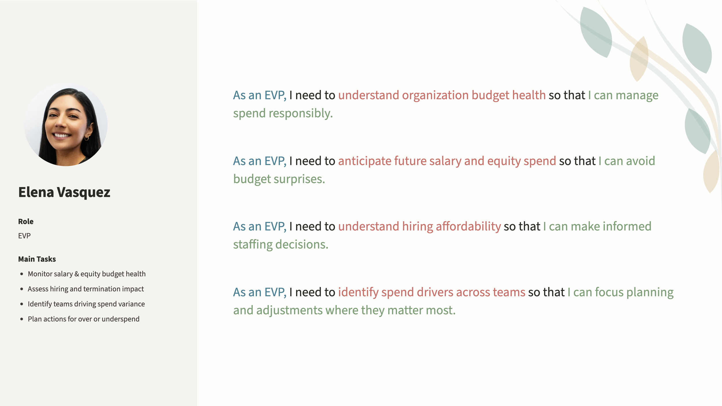 User goals for EVP Elena Vasquez, including: As an EVP, I need to understand organization budget health so that I can manage spend responsibly; As an EVP, I need to anticipate future salary and equity spend so that I can avoid budget surprises.