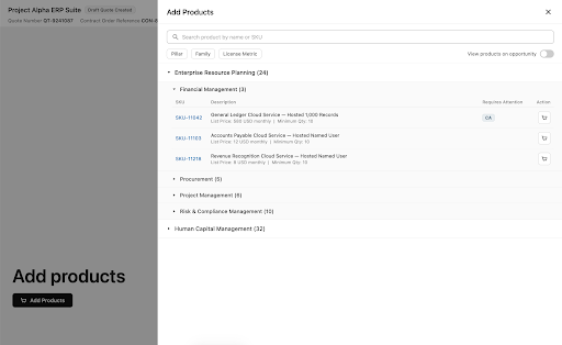 Low fidelity wireframe of Add Products drawer (within "create quote" guided process) containing multiple sections of organized, searchable product codes