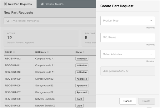 Initial design showing Create Part Request drawer on top of New Part Requests landing page